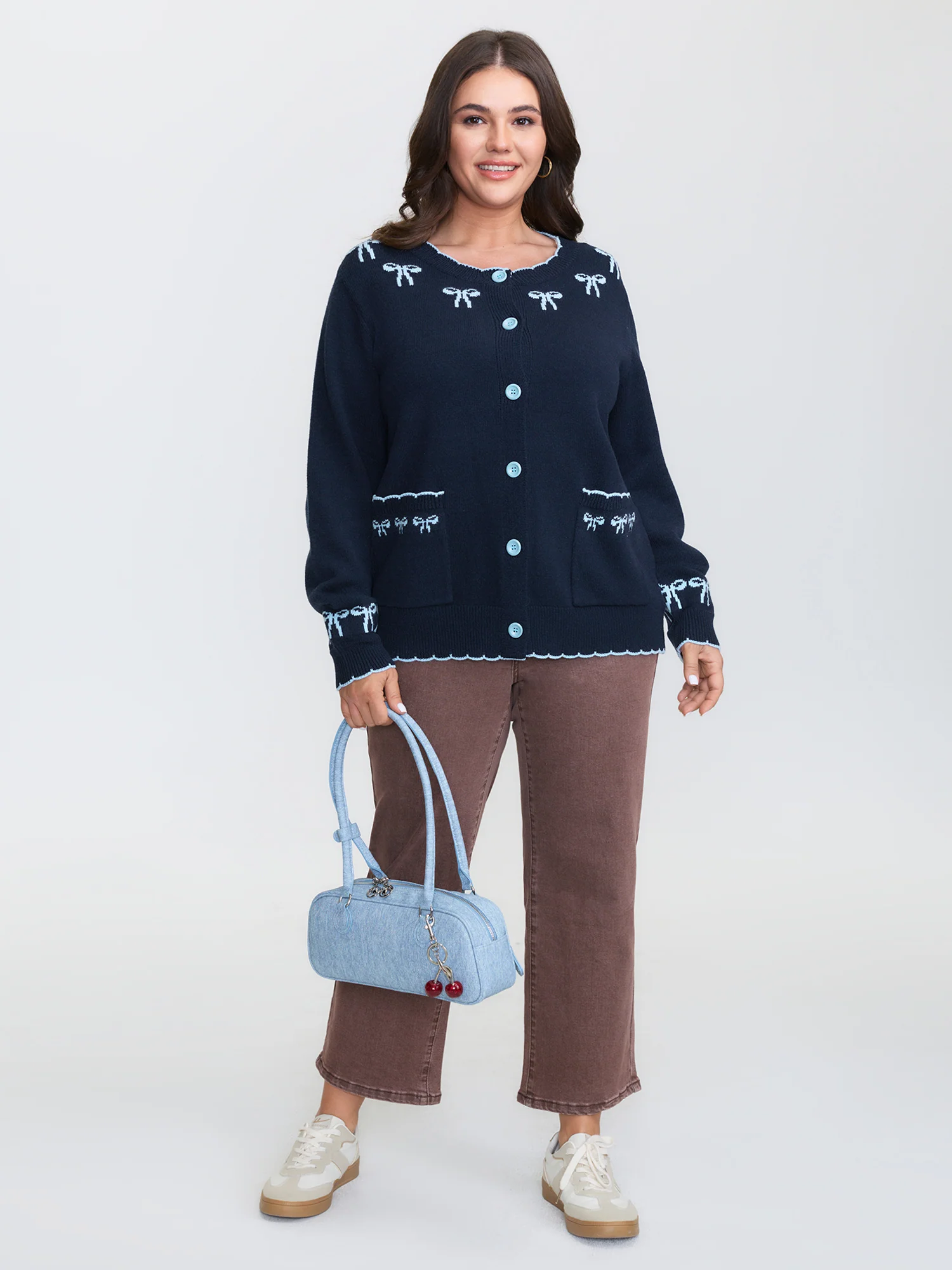 Bow Pattern Jacquard Button Knit Cardigan - Image 3