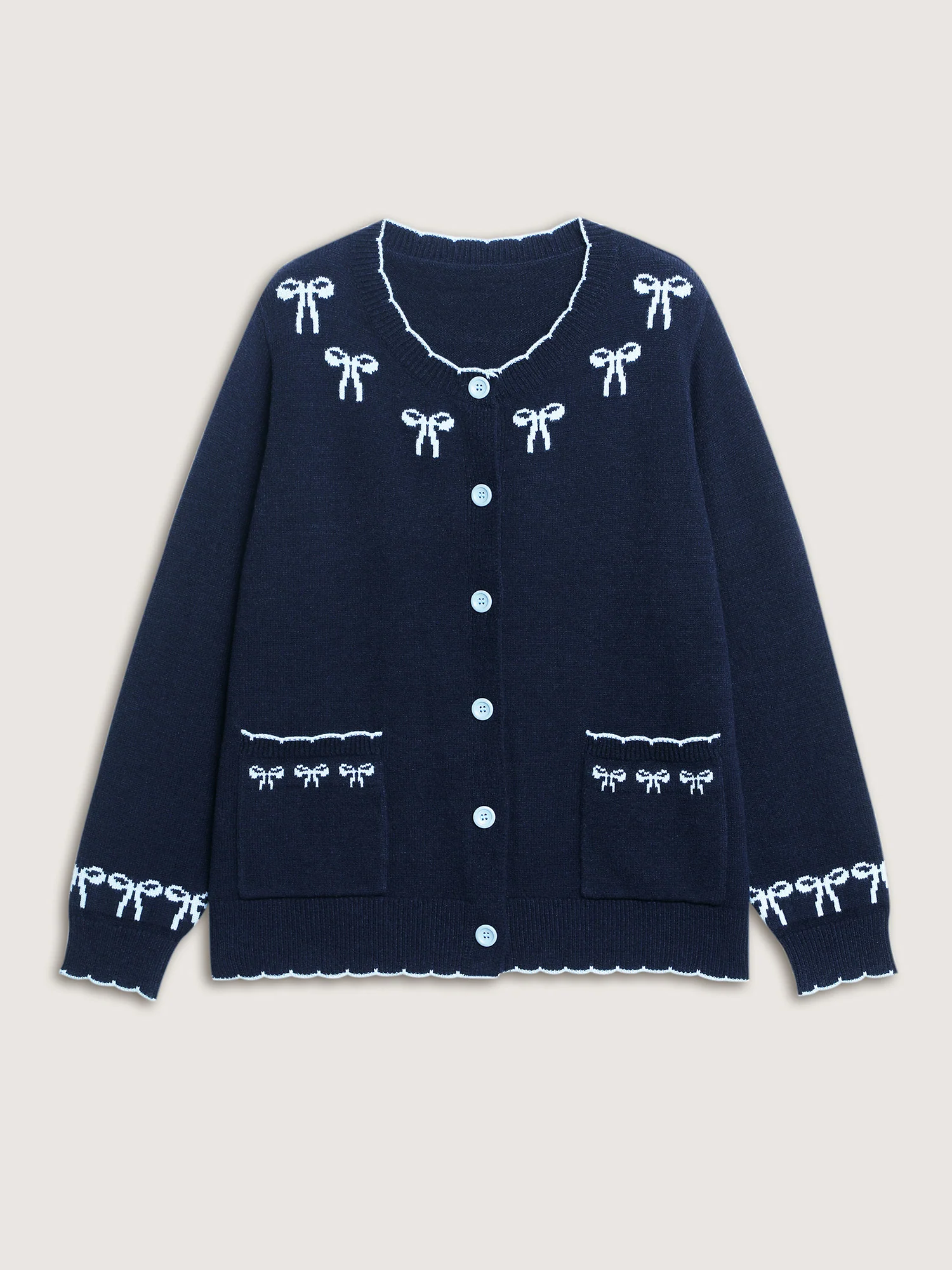Bow Pattern Jacquard Button Knit Cardigan - Image 7