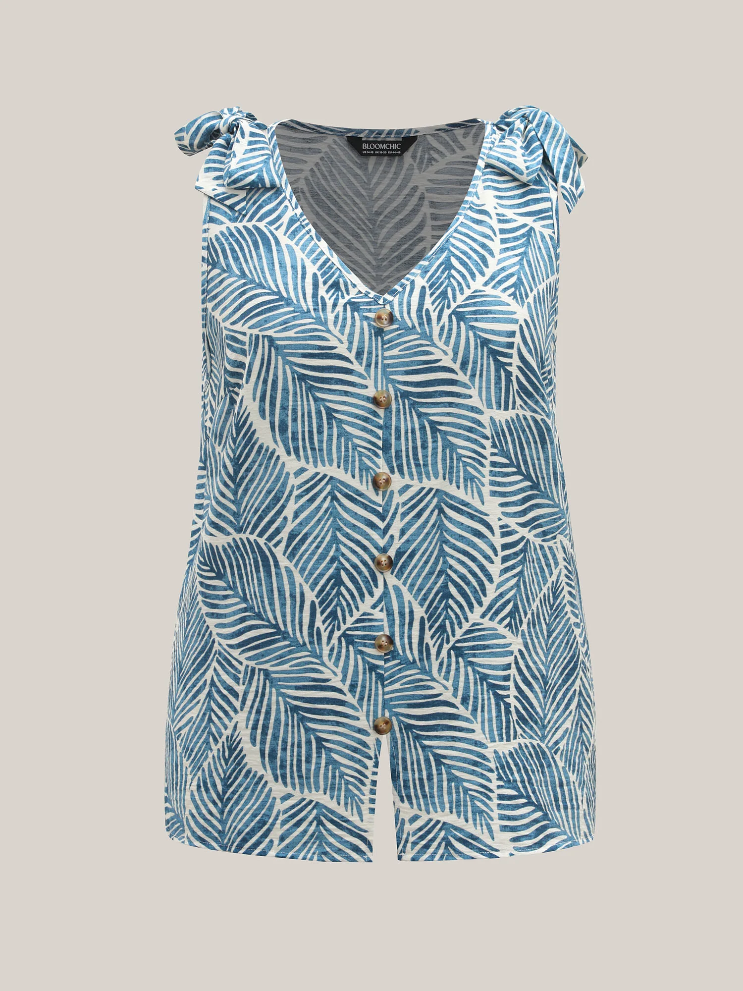 Bow Shoulder Leaf Print Button Tank Top - Image 7