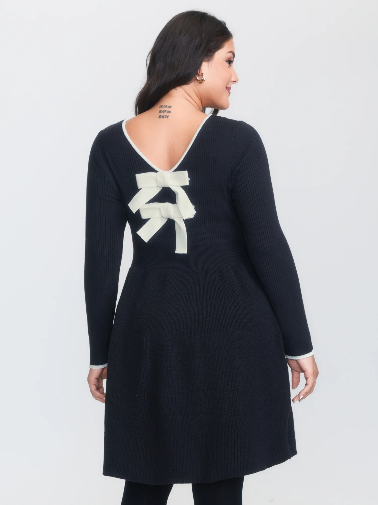 Bowknot Back A-Line Cinched-Waist Sweater Dress - Image 4