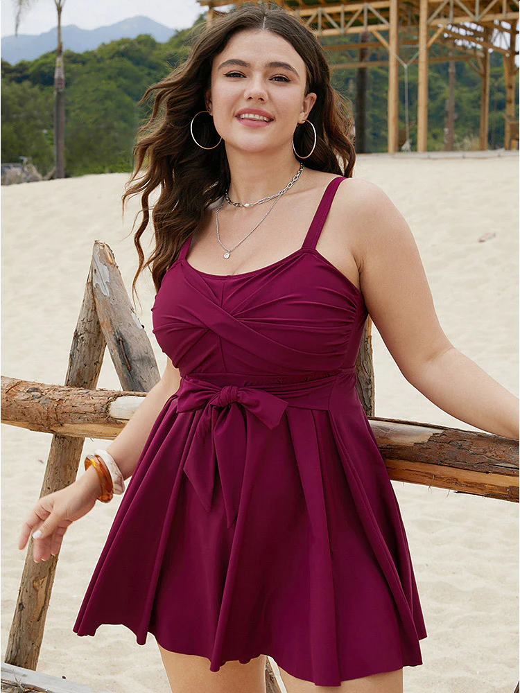 Bowknot Crossover Pleated Detail Swim Dress - Image 4