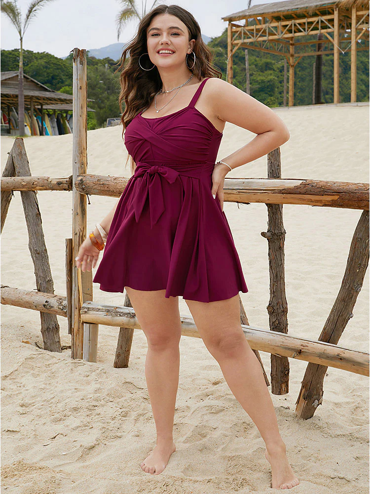 Bowknot Crossover Pleated Detail Swim Dress - Image 6