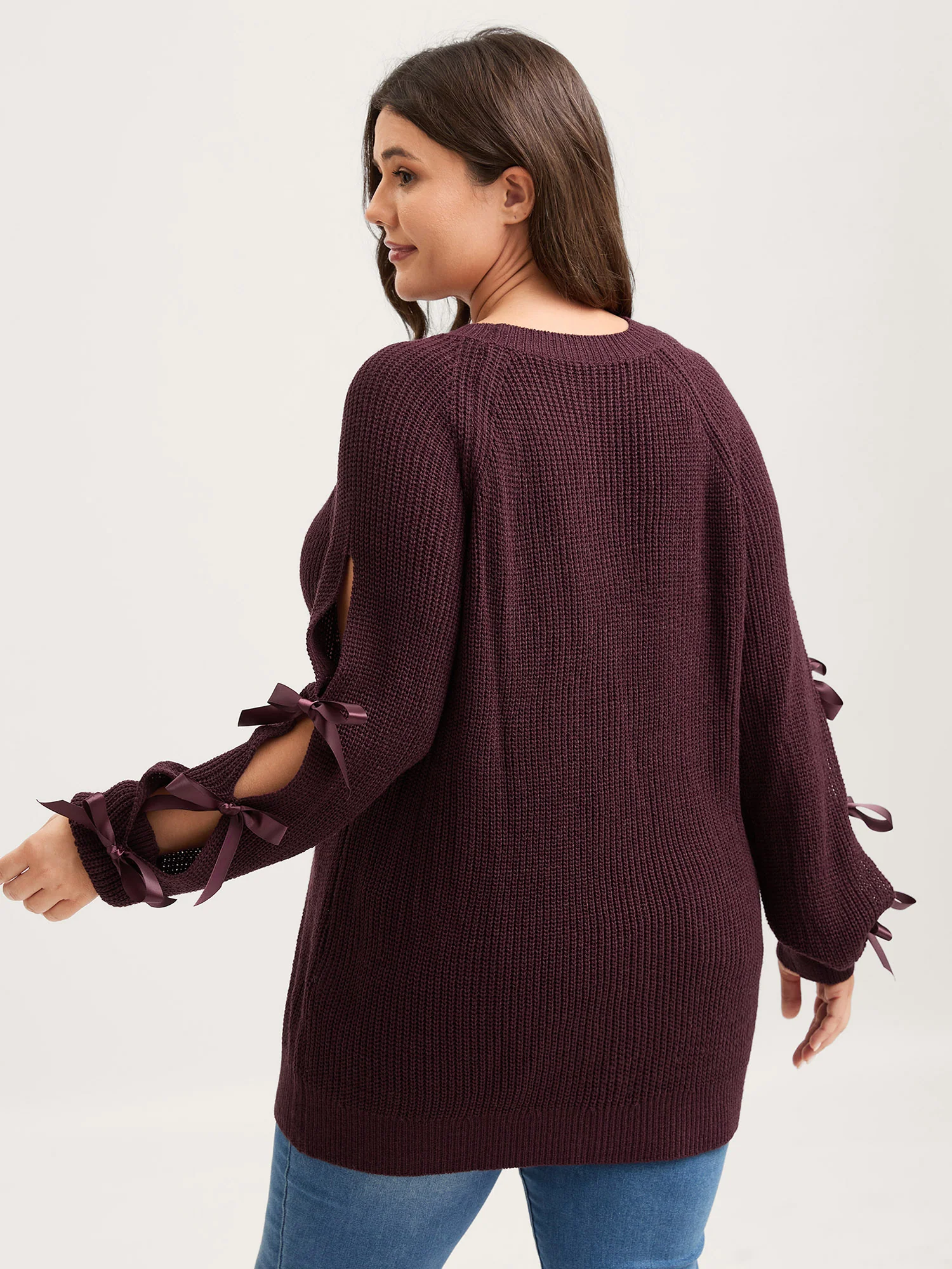Bowknot Cut-Out Sleeve Solid Pullover - Image 5