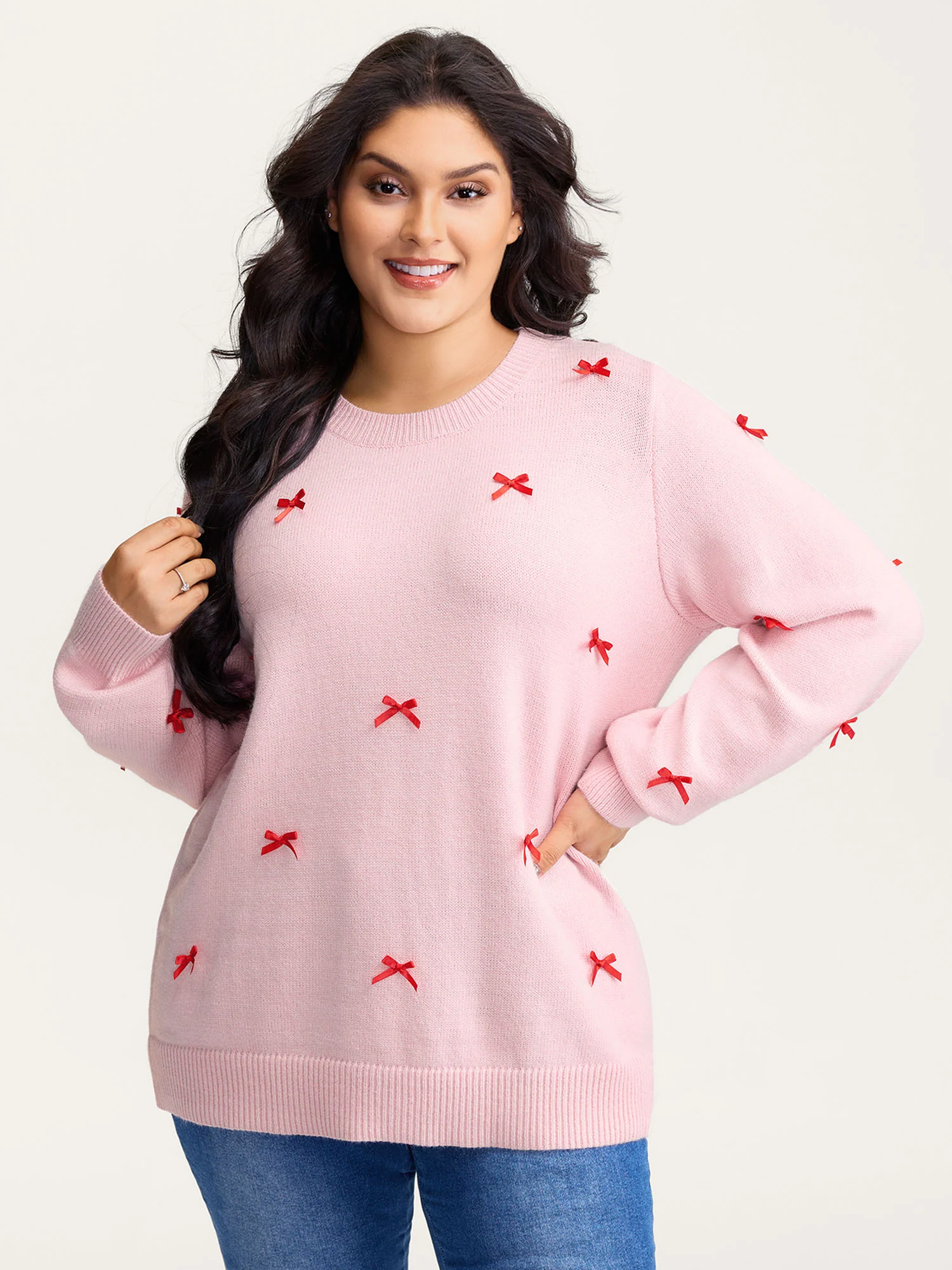 Bowknot Detail Ribbed Hem Pullover - Image 2
