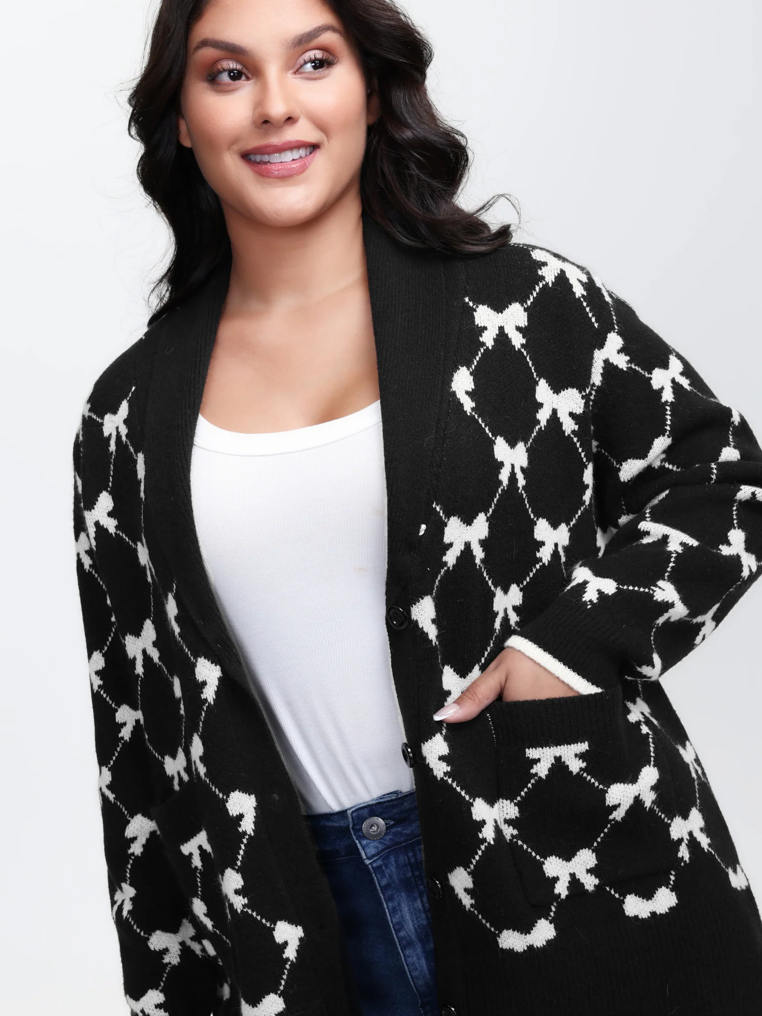 Bowknot Jacquard Button Knit Cardigan - Image 2