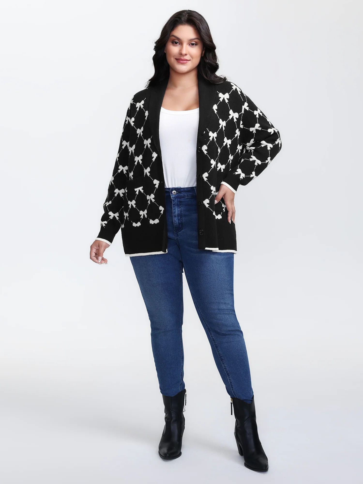 Bowknot Jacquard Button Knit Cardigan - Image 3