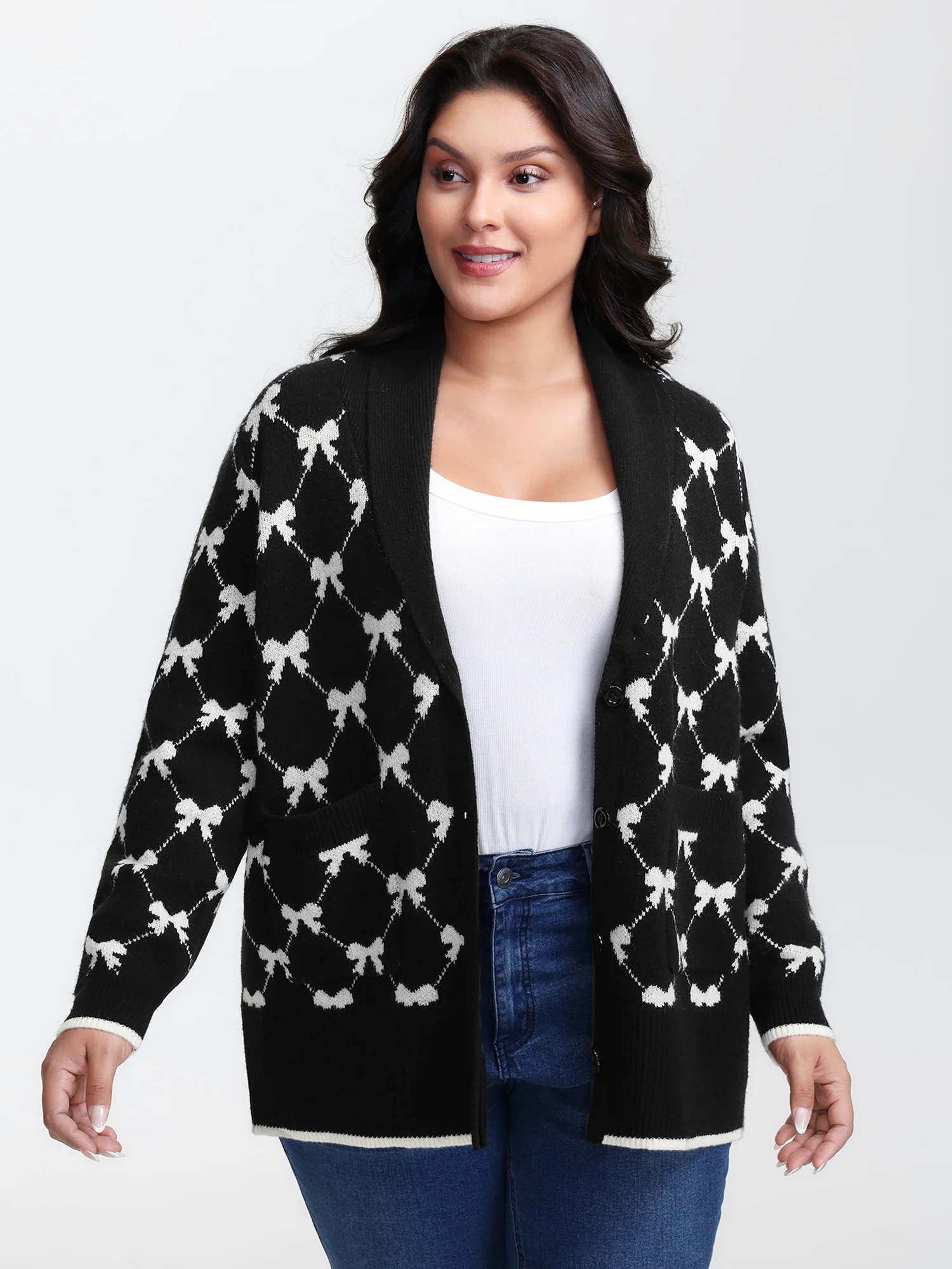 Bowknot Jacquard Button Knit Cardigan - Image 4