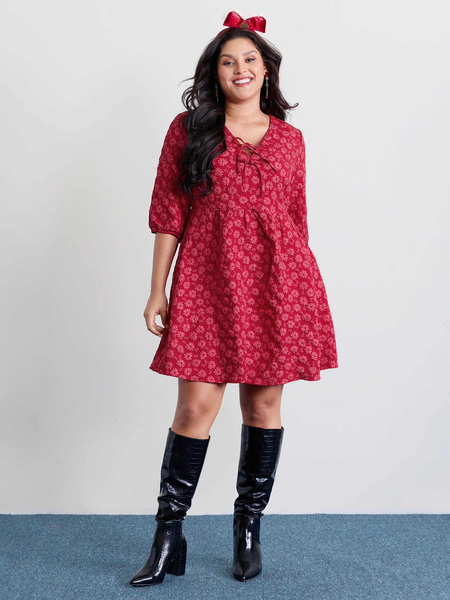 Bowknot Jacquard Stretchy Waist Knee-Length Dress - Image 3
