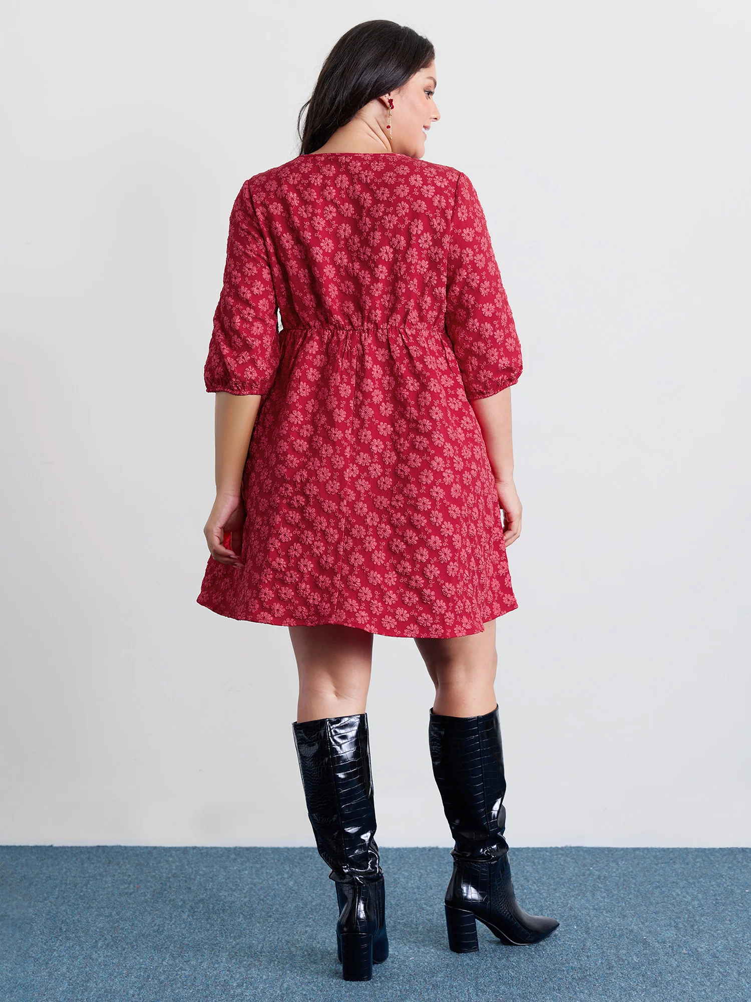 Bowknot Jacquard Stretchy Waist Knee-Length Dress - Image 4