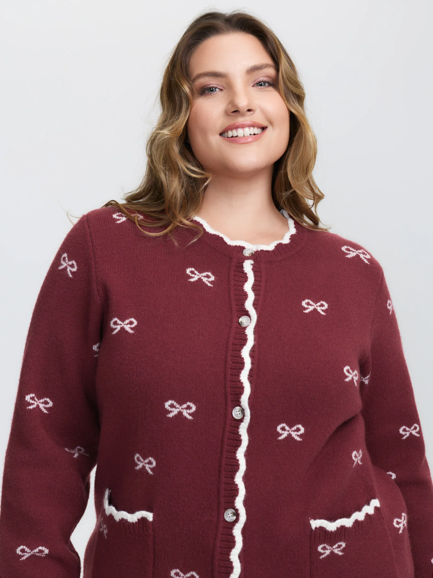 Bowknot Jacquard Wavy Edge Knit Cardigan - Image 12