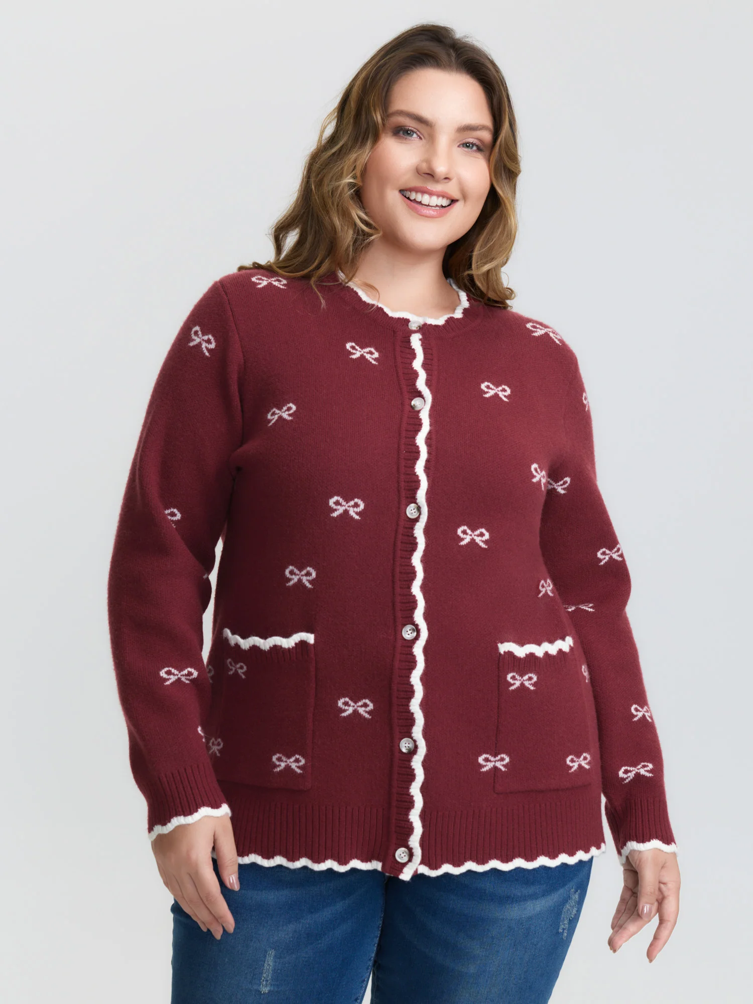 Bowknot Jacquard Wavy Edge Knit Cardigan - Image 13