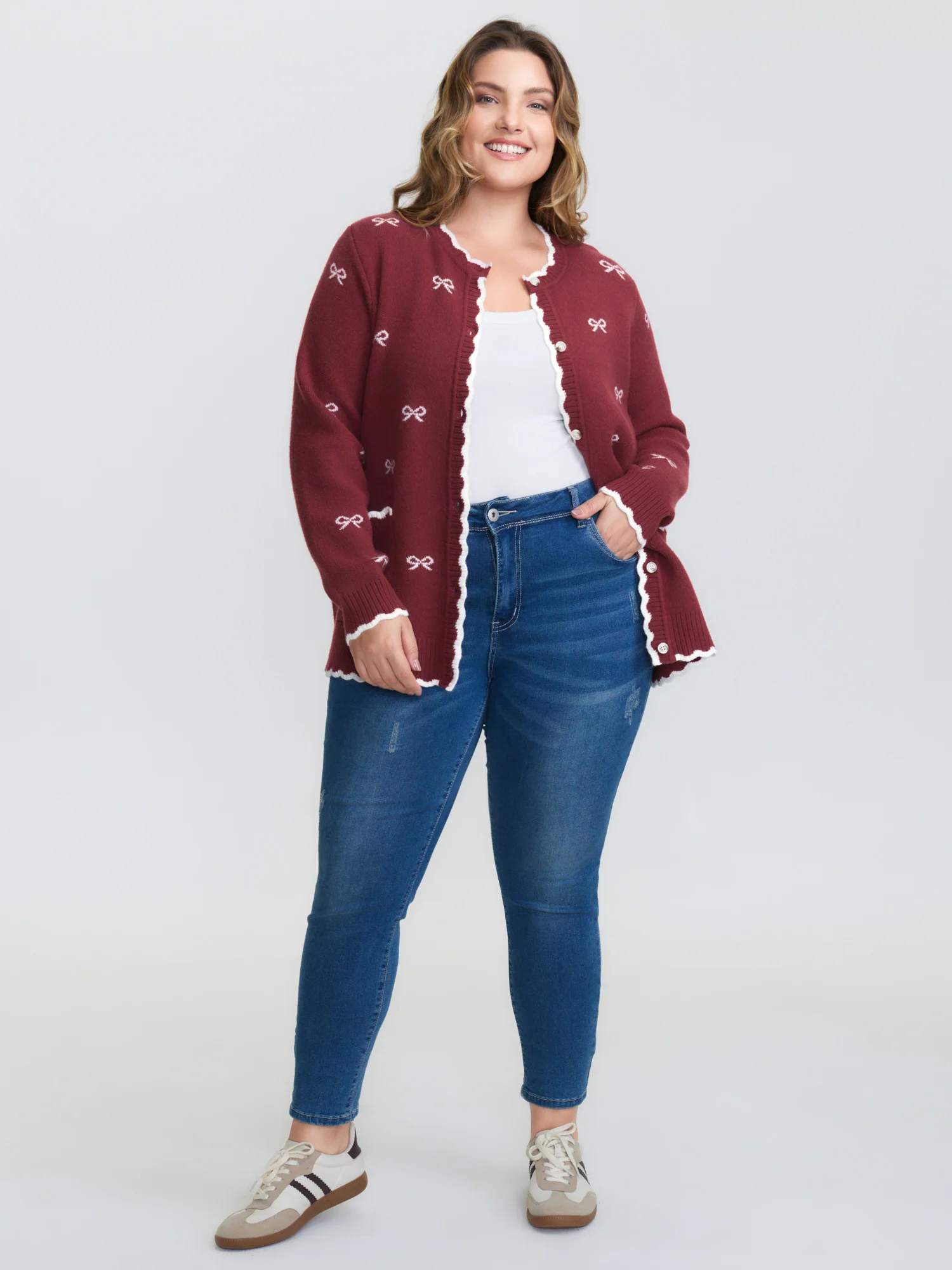 Bowknot Jacquard Wavy Edge Knit Cardigan - Image 14