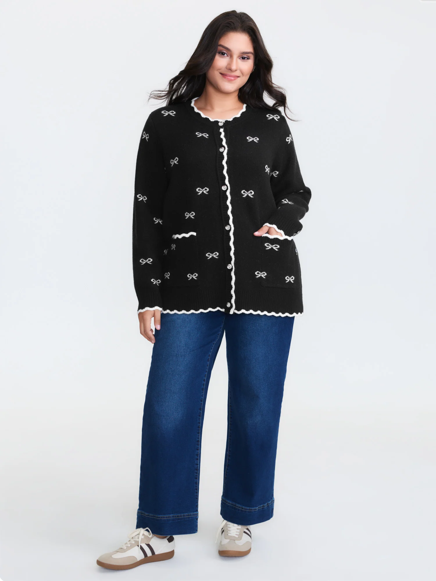 Bowknot Jacquard Wavy Edge Knit Cardigan - Image 2