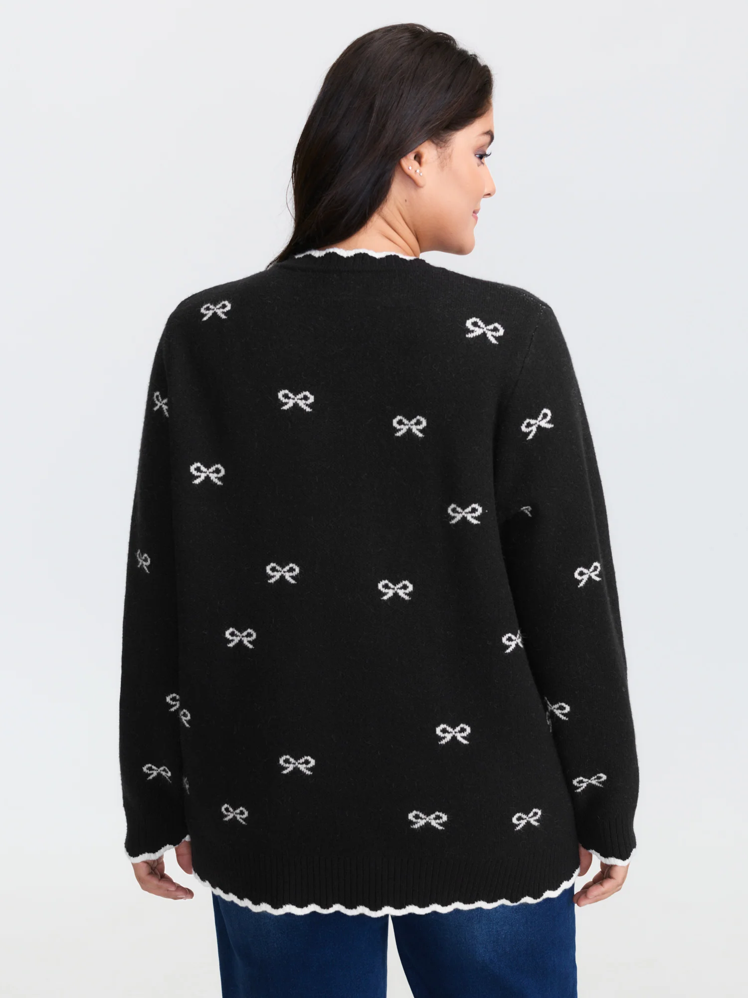 Bowknot Jacquard Wavy Edge Knit Cardigan - Image 4