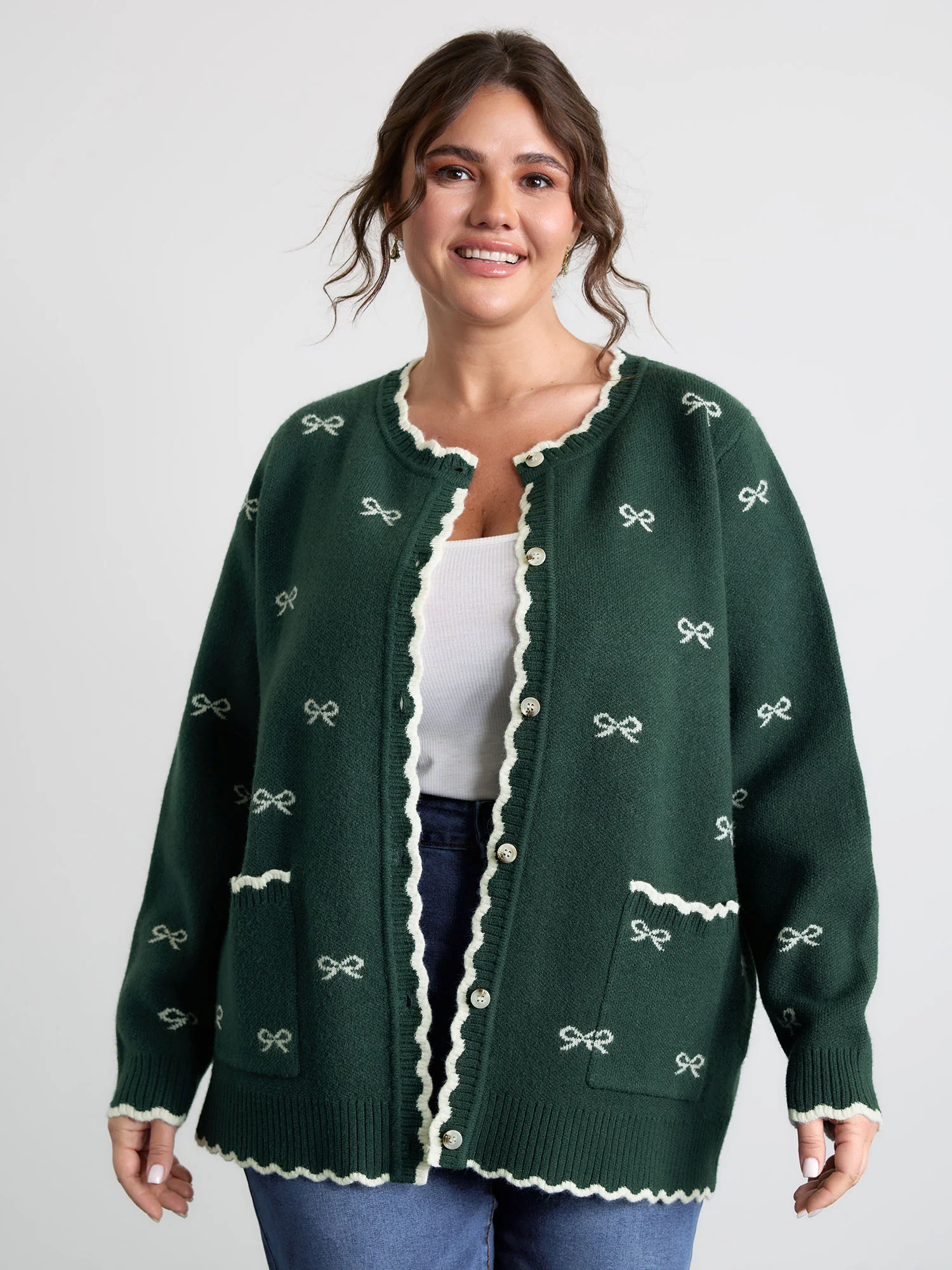 Bowknot Jacquard Wavy Edge Knit Cardigan - Image 5