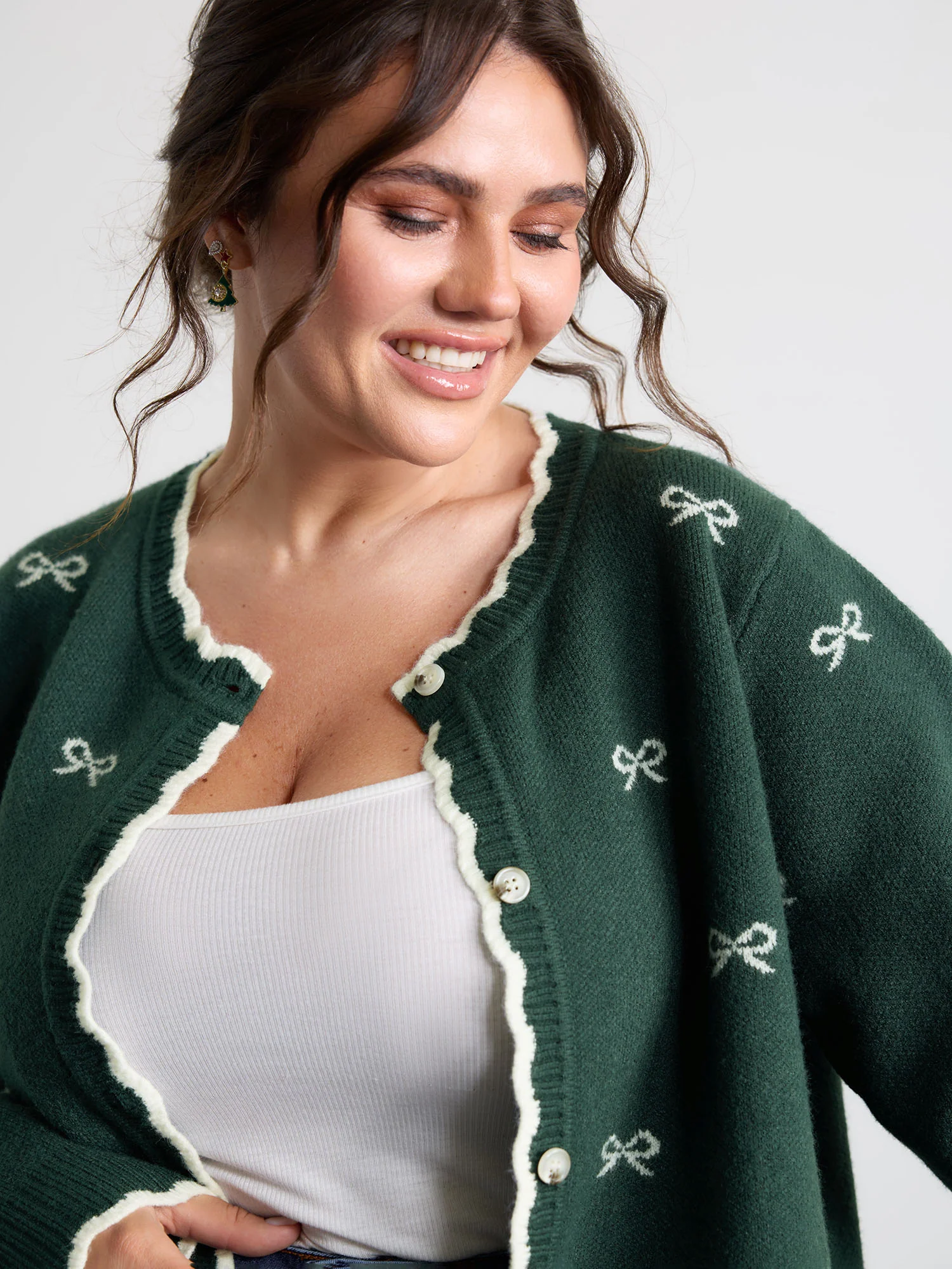 Bowknot Jacquard Wavy Edge Knit Cardigan - Image 6