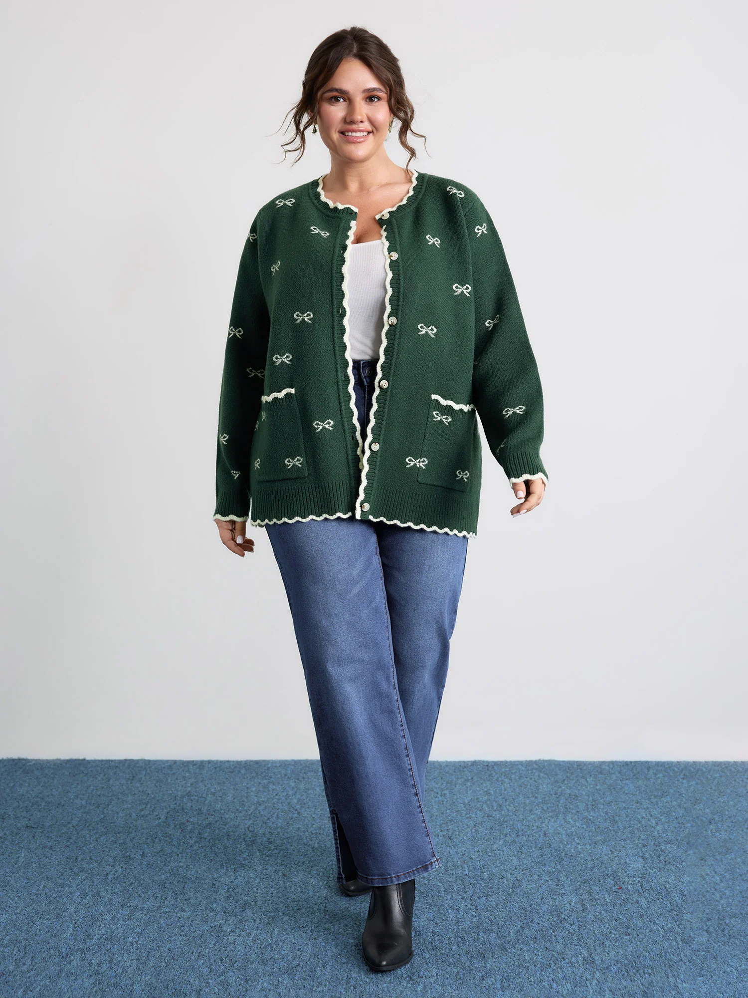 Bowknot Jacquard Wavy Edge Knit Cardigan - Image 7