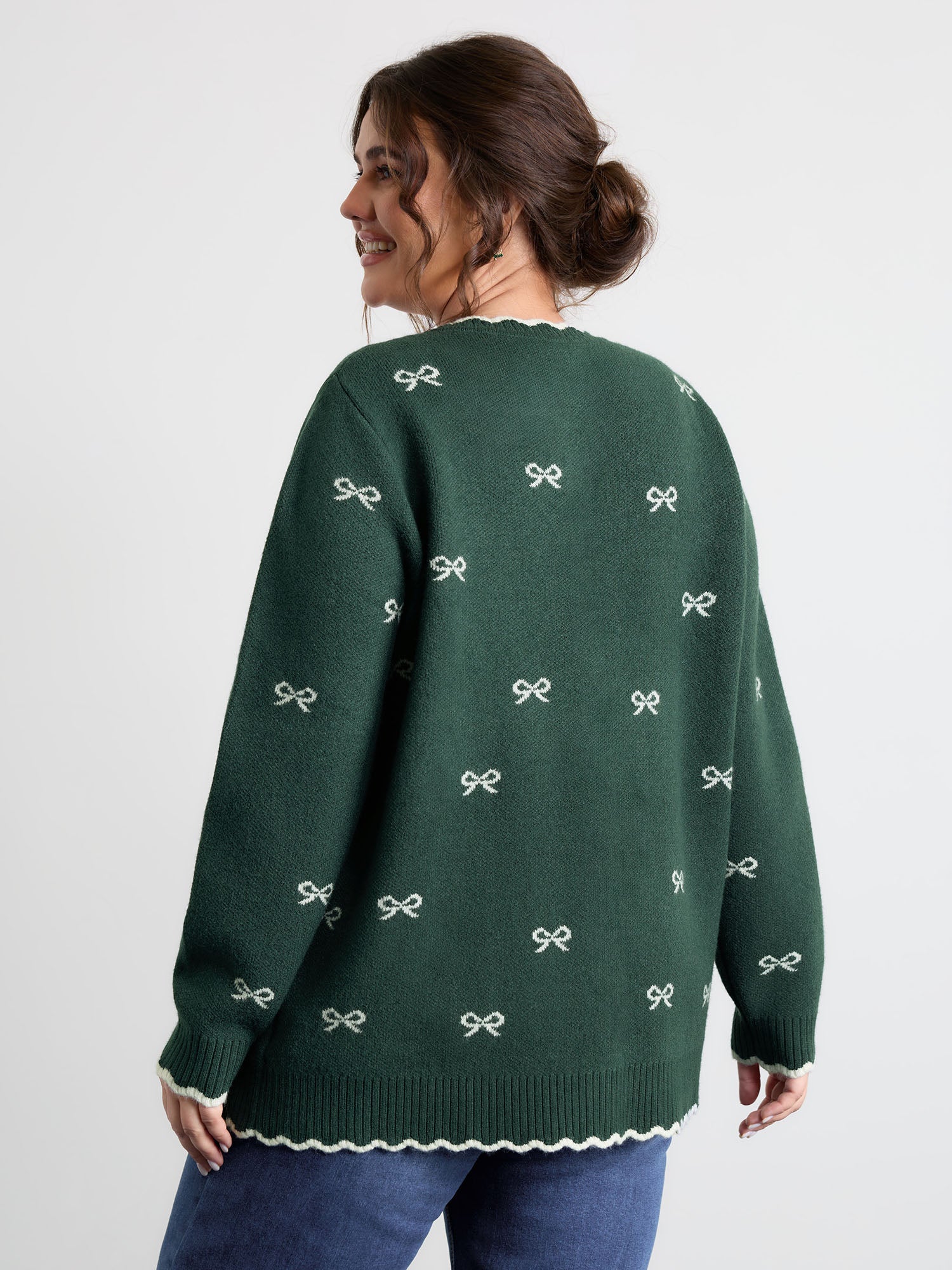 Bowknot Jacquard Wavy Edge Knit Cardigan - Image 8