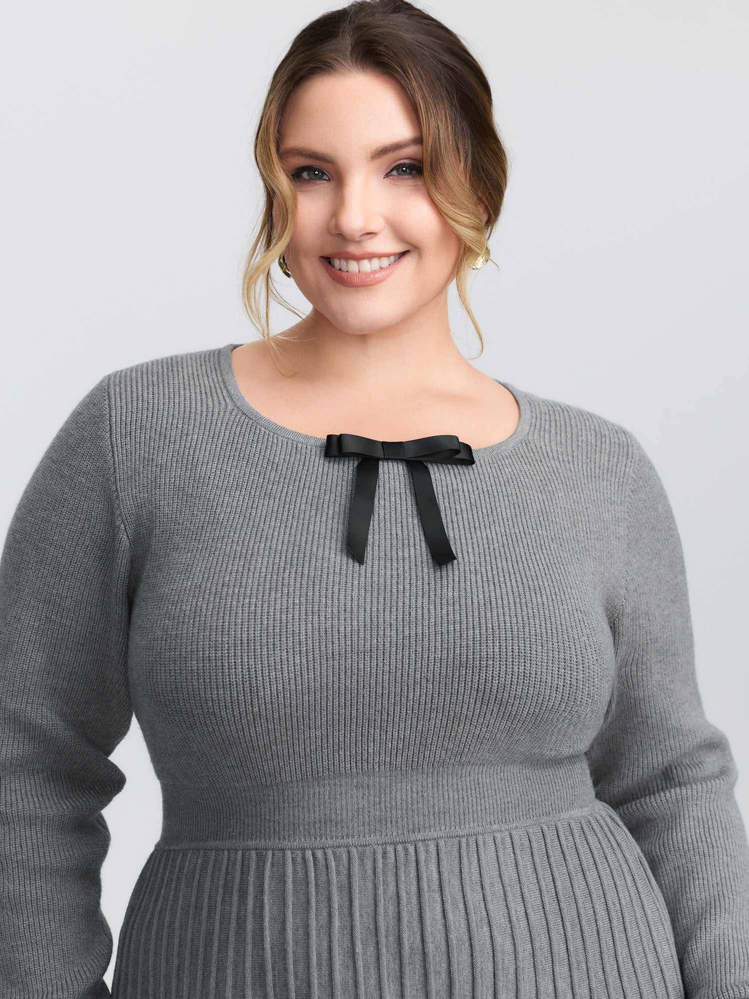 Bowknot Neckline Cinched-Waist A-Line Sweater Dress - Image 2