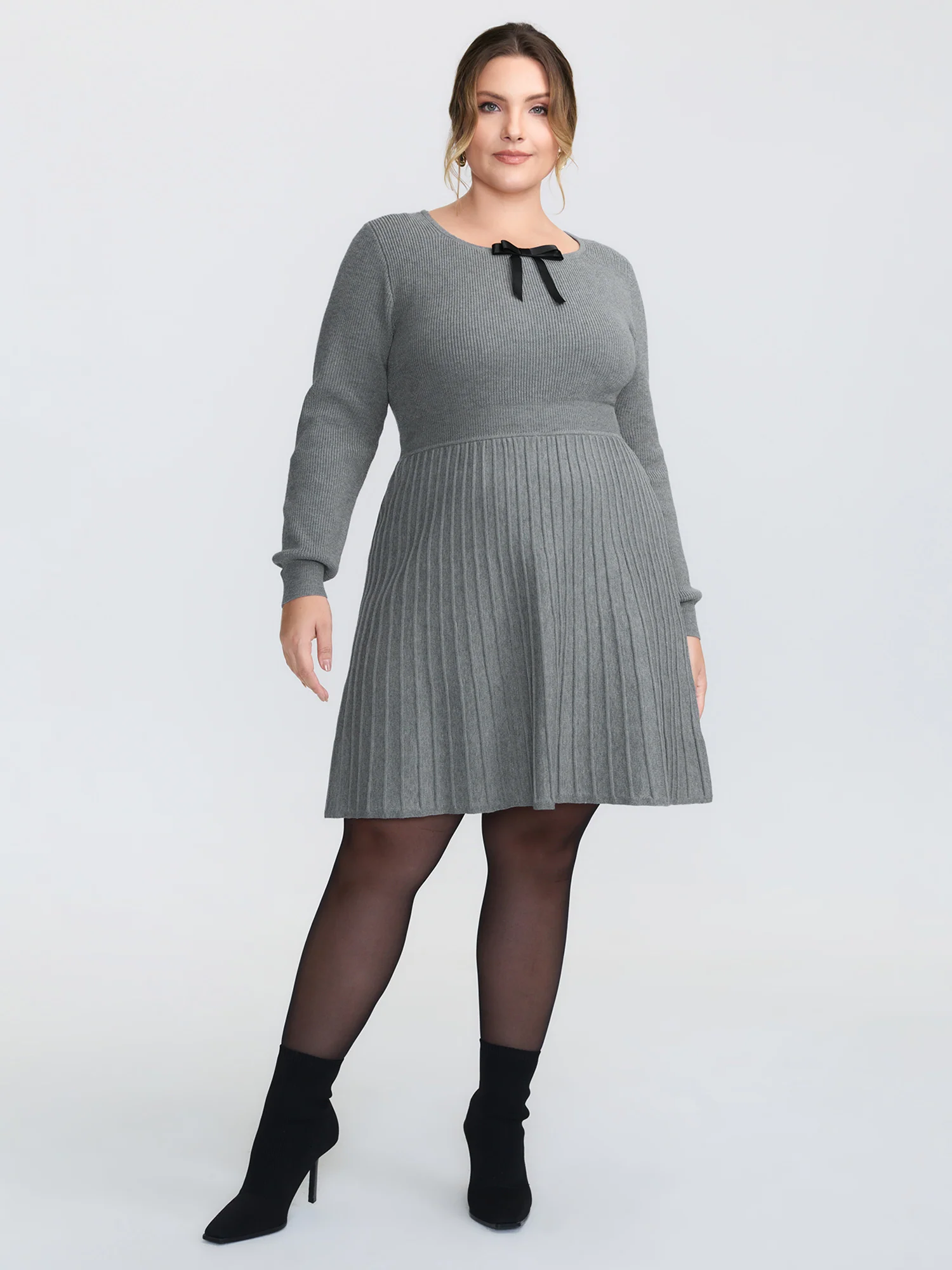 Bowknot Neckline Cinched-Waist A-Line Sweater Dress - Image 3