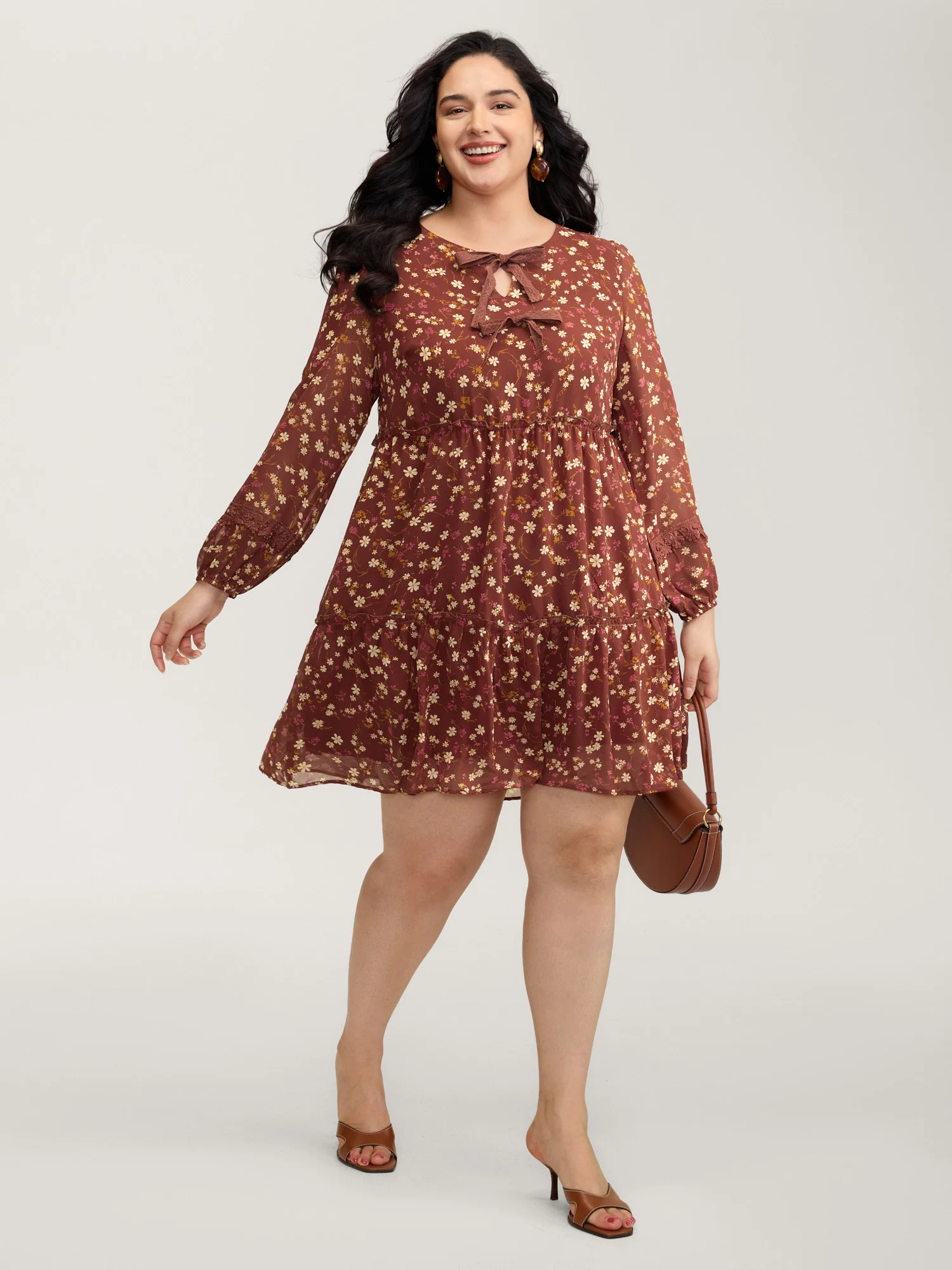 Bowknot Neckline Lace Trim Knee-Length Dress - Image 3