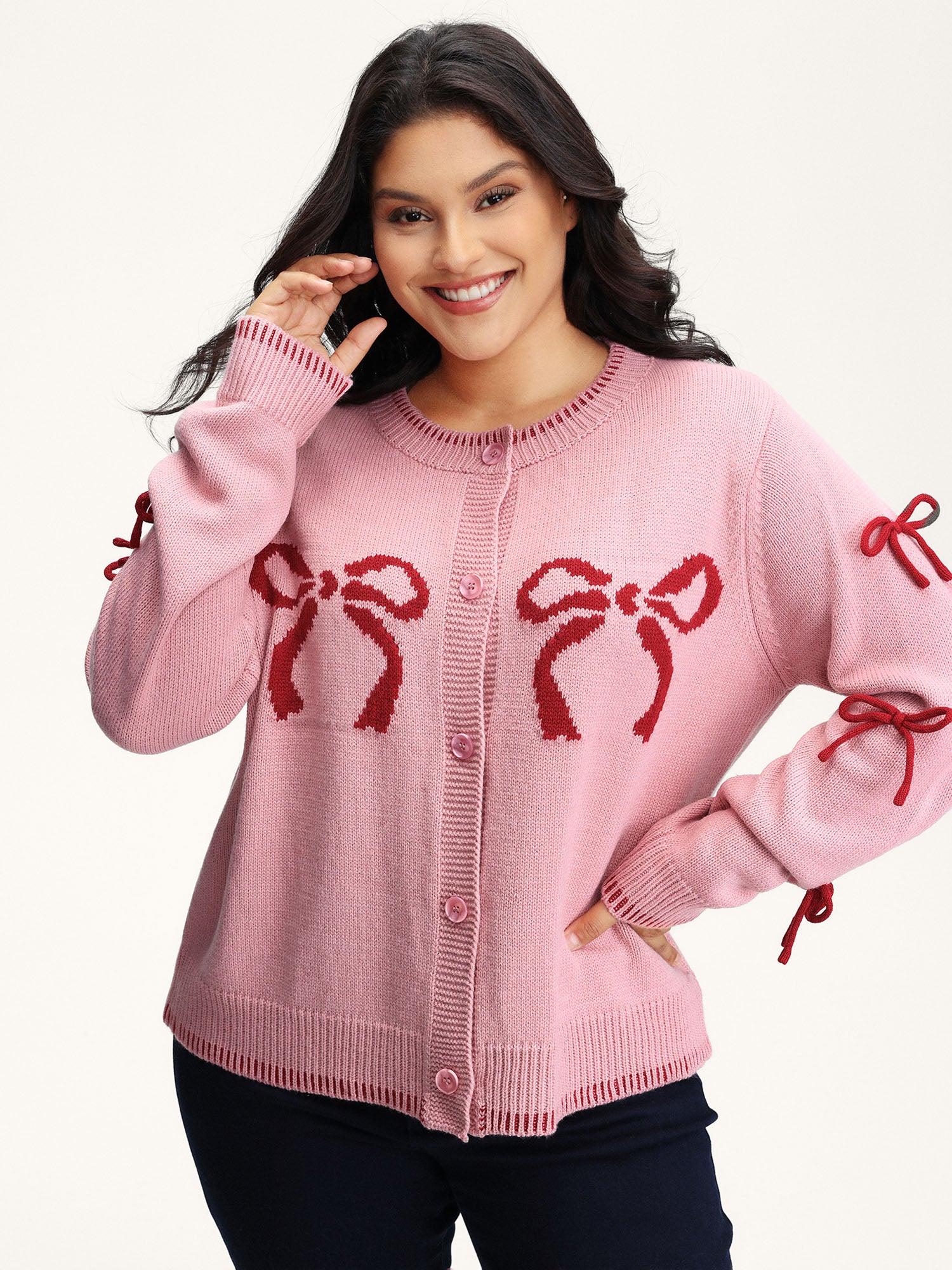 Bowknot Pattern Textured Knit Cardigan - Image 2