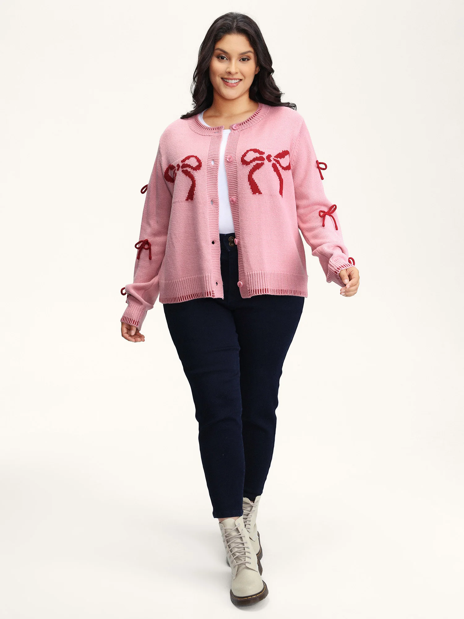 Bowknot Pattern Textured Knit Cardigan - Image 3