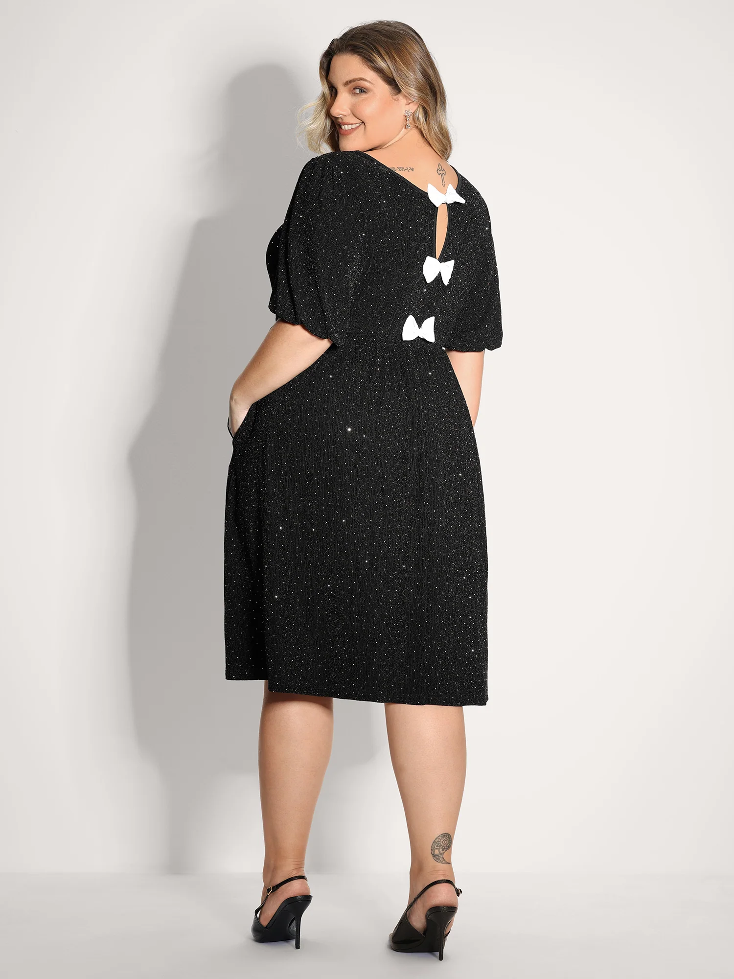 Bowknot Rhinestone Pockets Mini Dress - Image 5