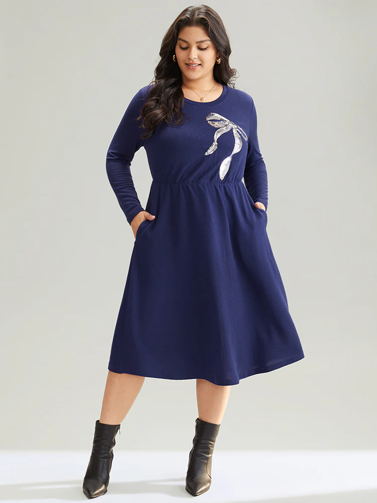 Bowknot Sequin Pocket Crew Neck Dress