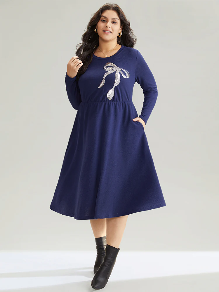 Bowknot Sequin Pocket Crew Neck Dress - Image 2