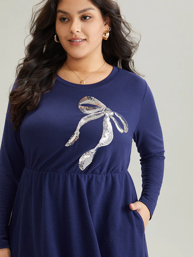 Bowknot Sequin Pocket Crew Neck Dress - Image 4