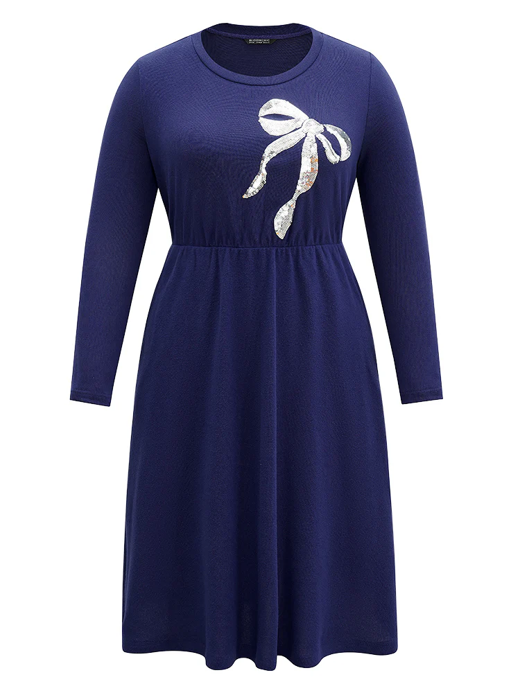 Bowknot Sequin Pocket Crew Neck Dress - Image 5