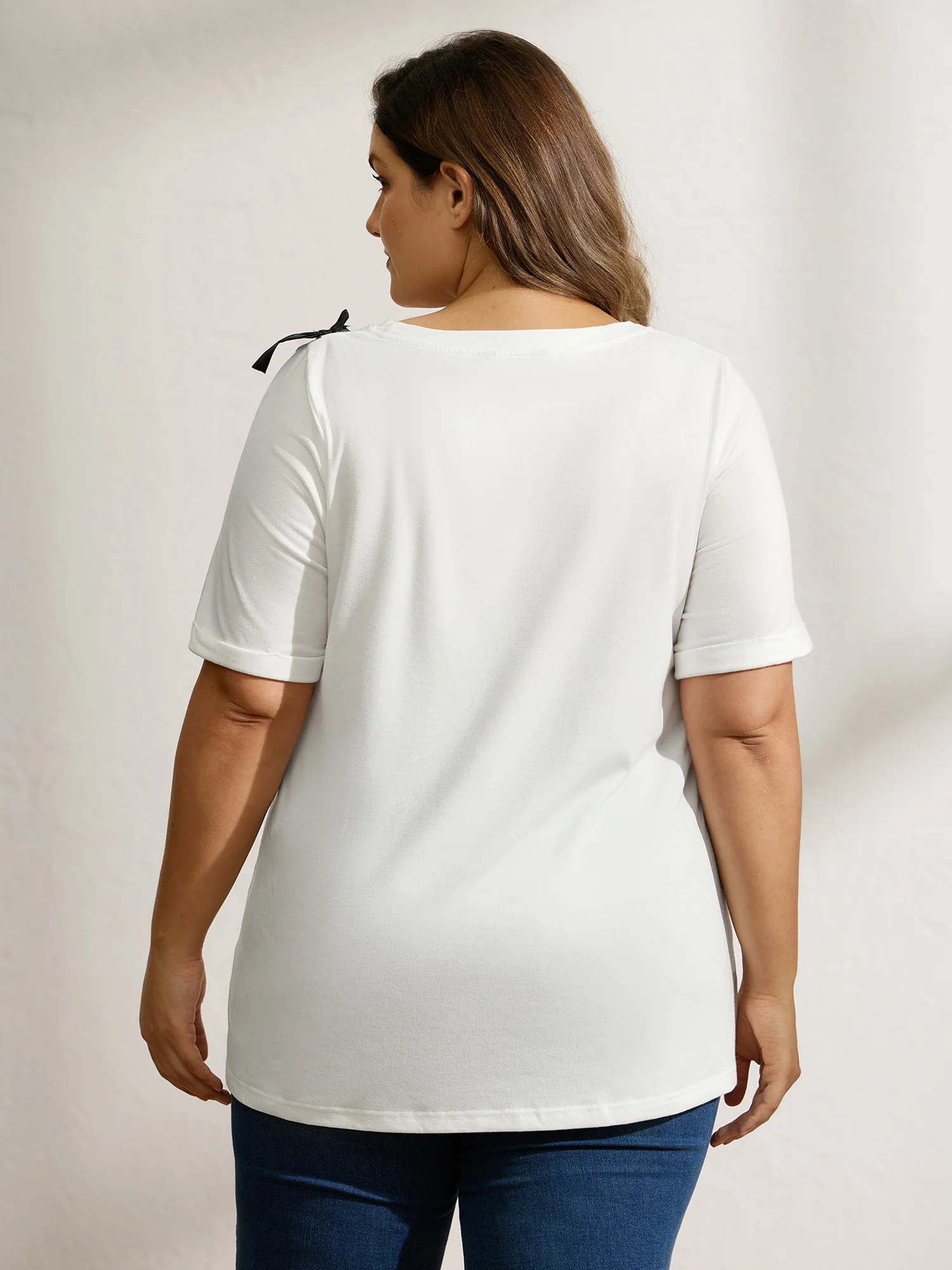 Bowknot Slit Round Neck T-Shirt - Image 4
