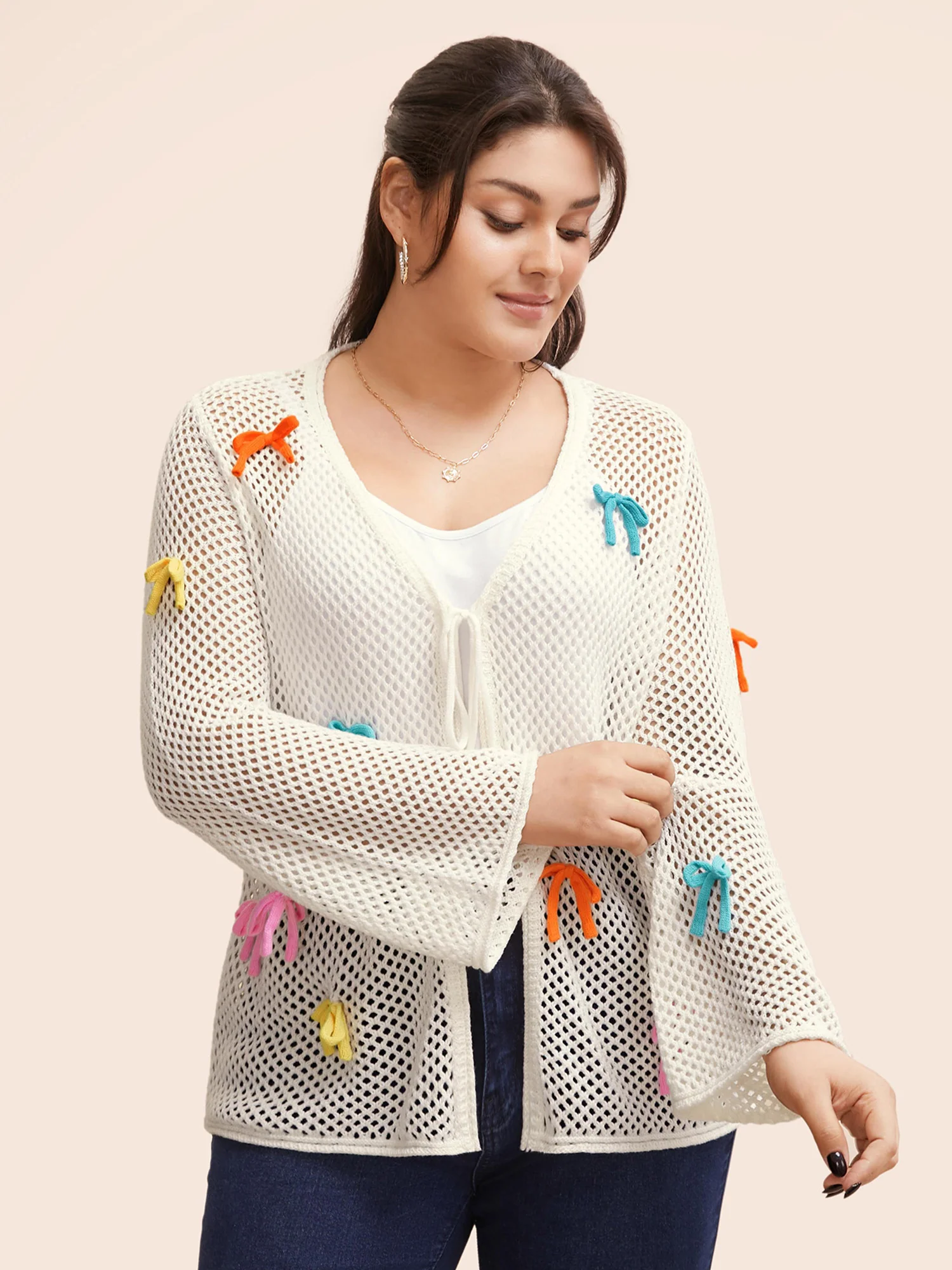 Bowknot Tie Knot Bell Sleeve Cardigan - Image 2