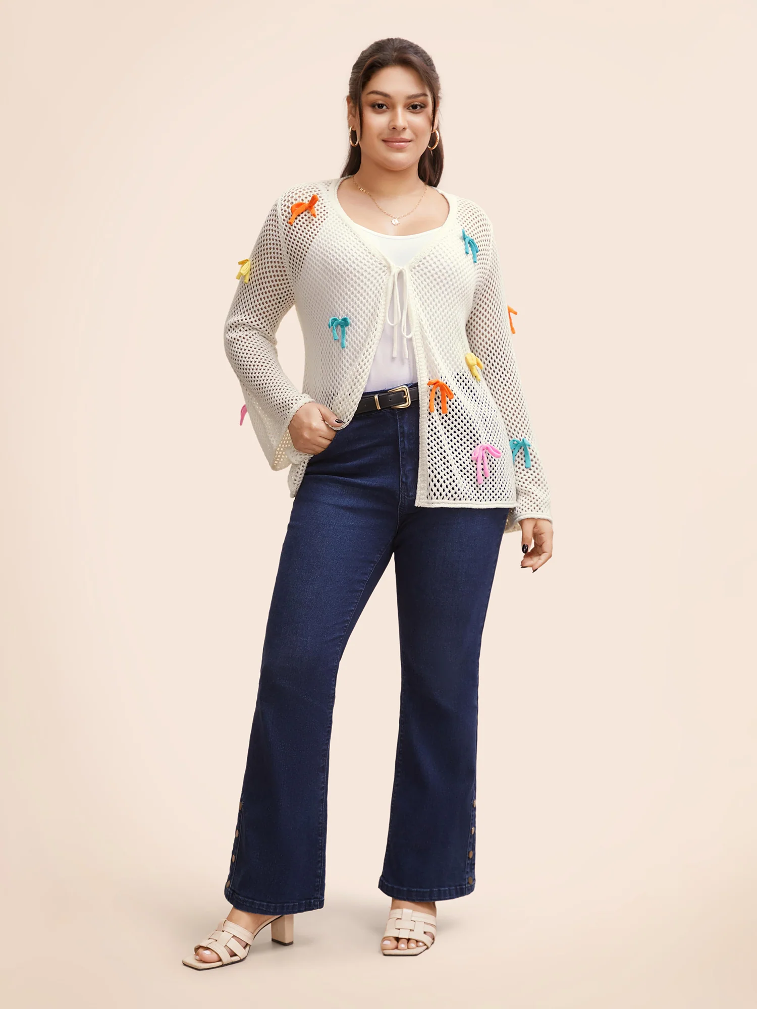 Bowknot Tie Knot Bell Sleeve Cardigan - Image 4
