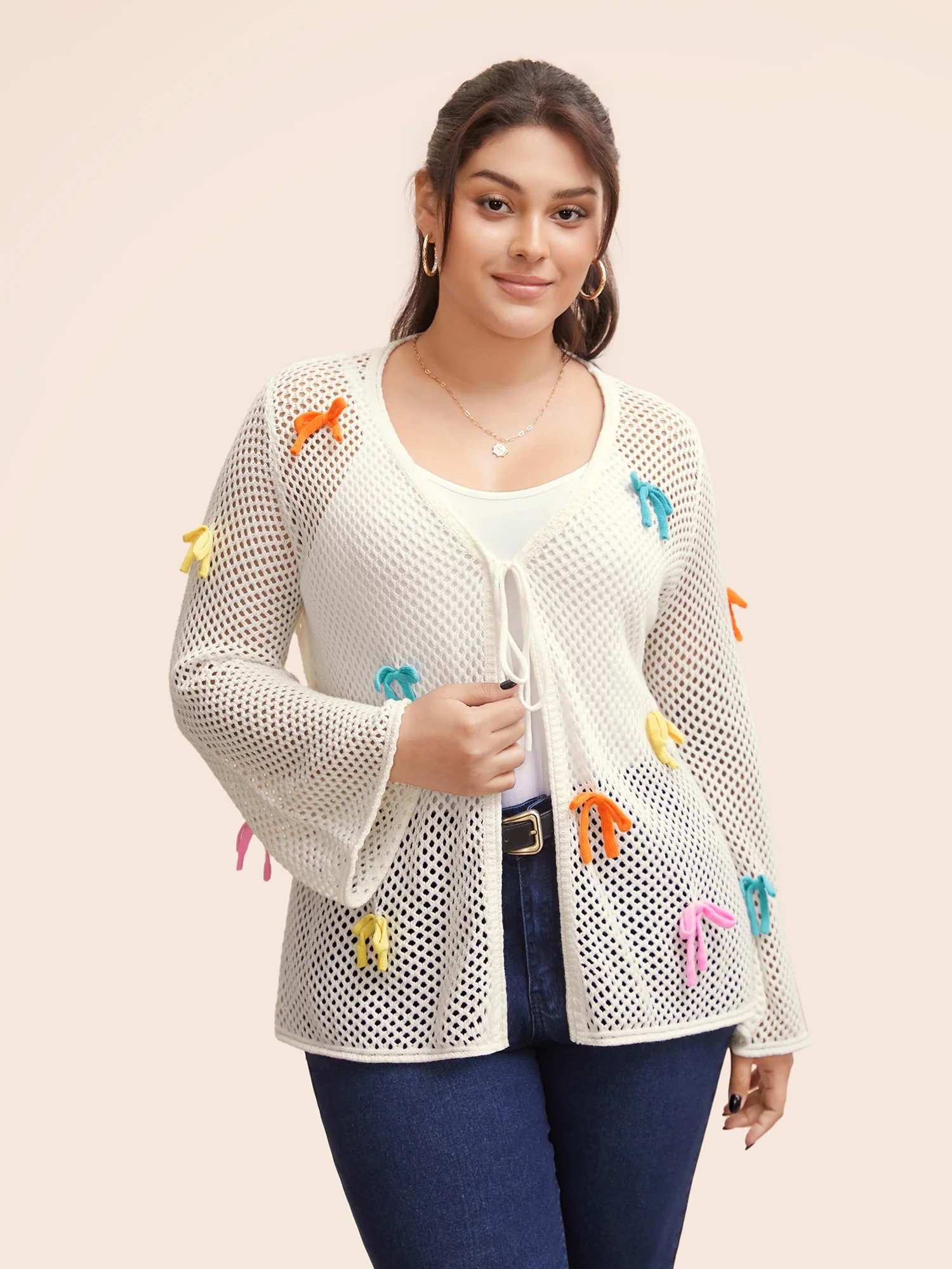 Bowknot Tie Knot Bell Sleeve Cardigan - Image 5