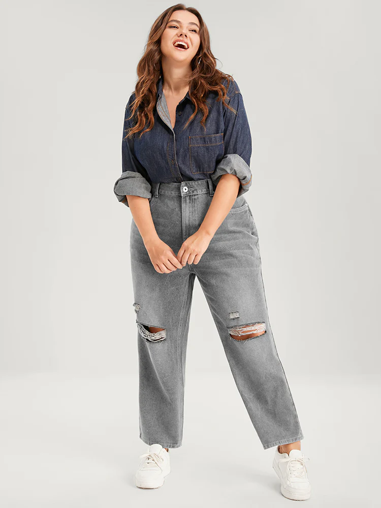 Boyfriend Wide Leg Non Stretchy High Rise Medium Wash Jeans - Image 2
