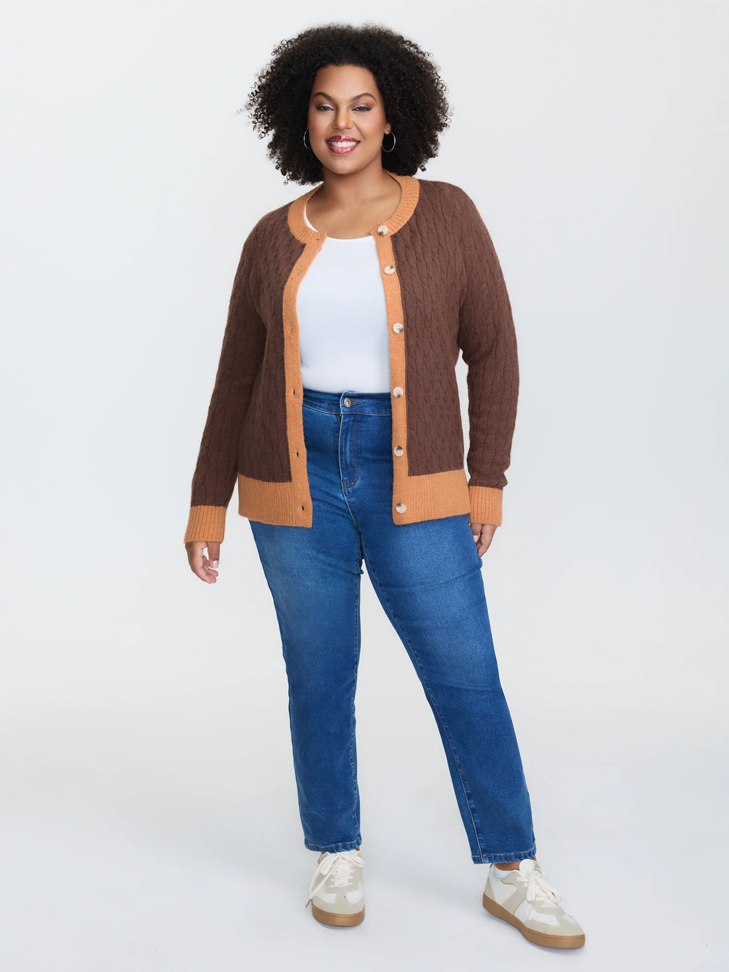 Braided Color Contrast Button Knit Cardigan - Image 3