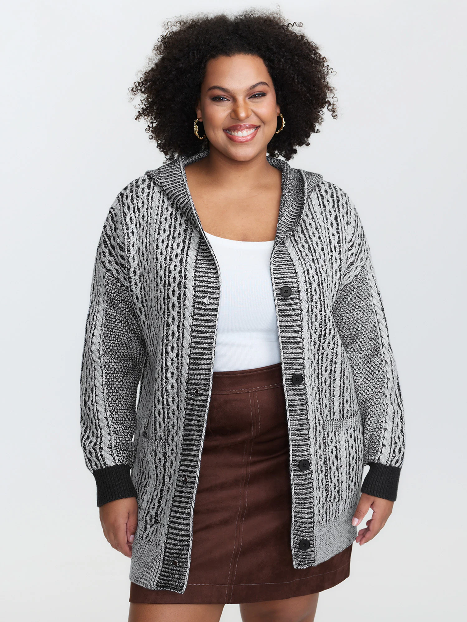 Braided Texture Button Stretchy Pockets Knit Cardigan