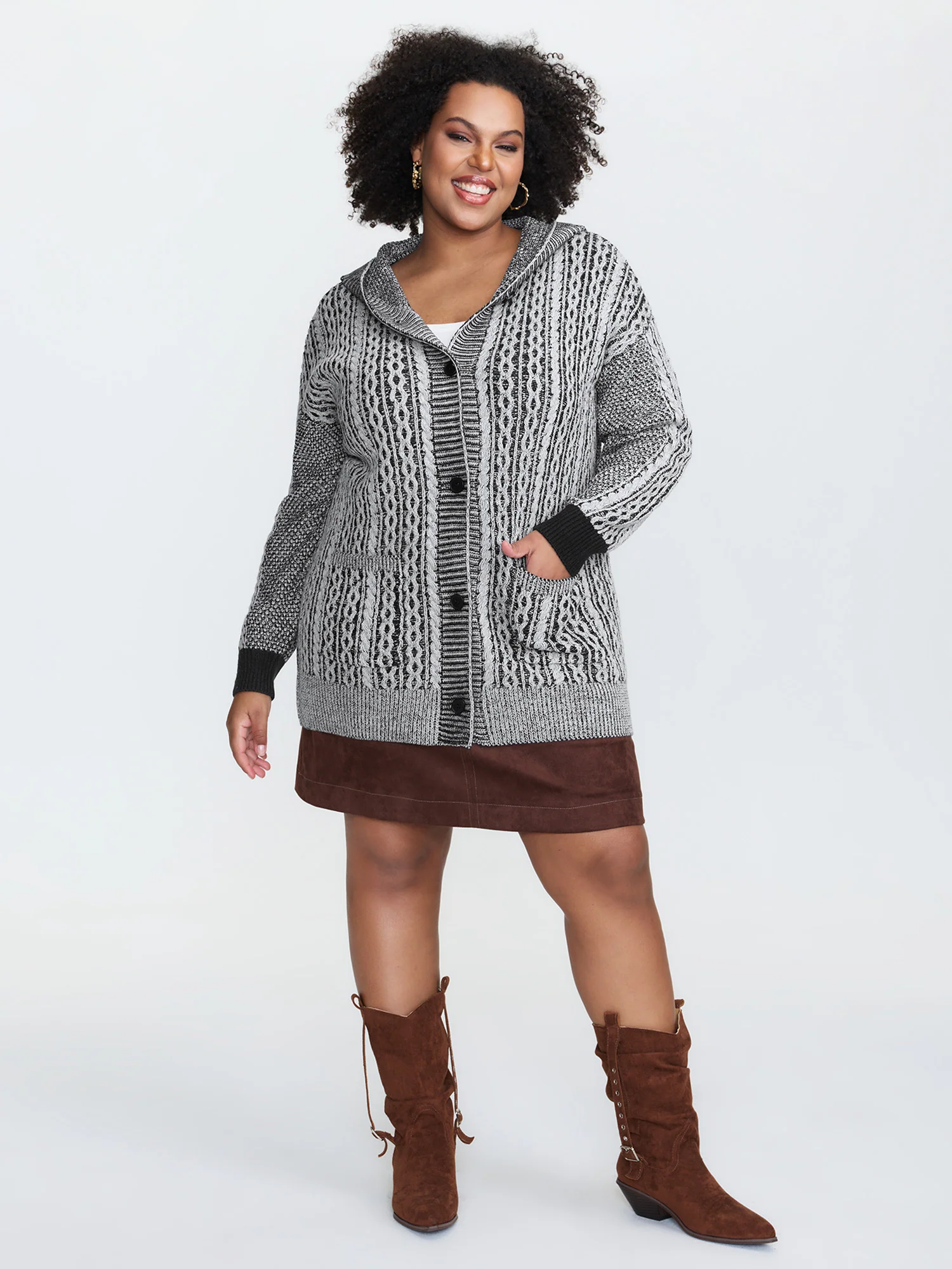 Braided Texture Button Stretchy Pockets Knit Cardigan - Image 3