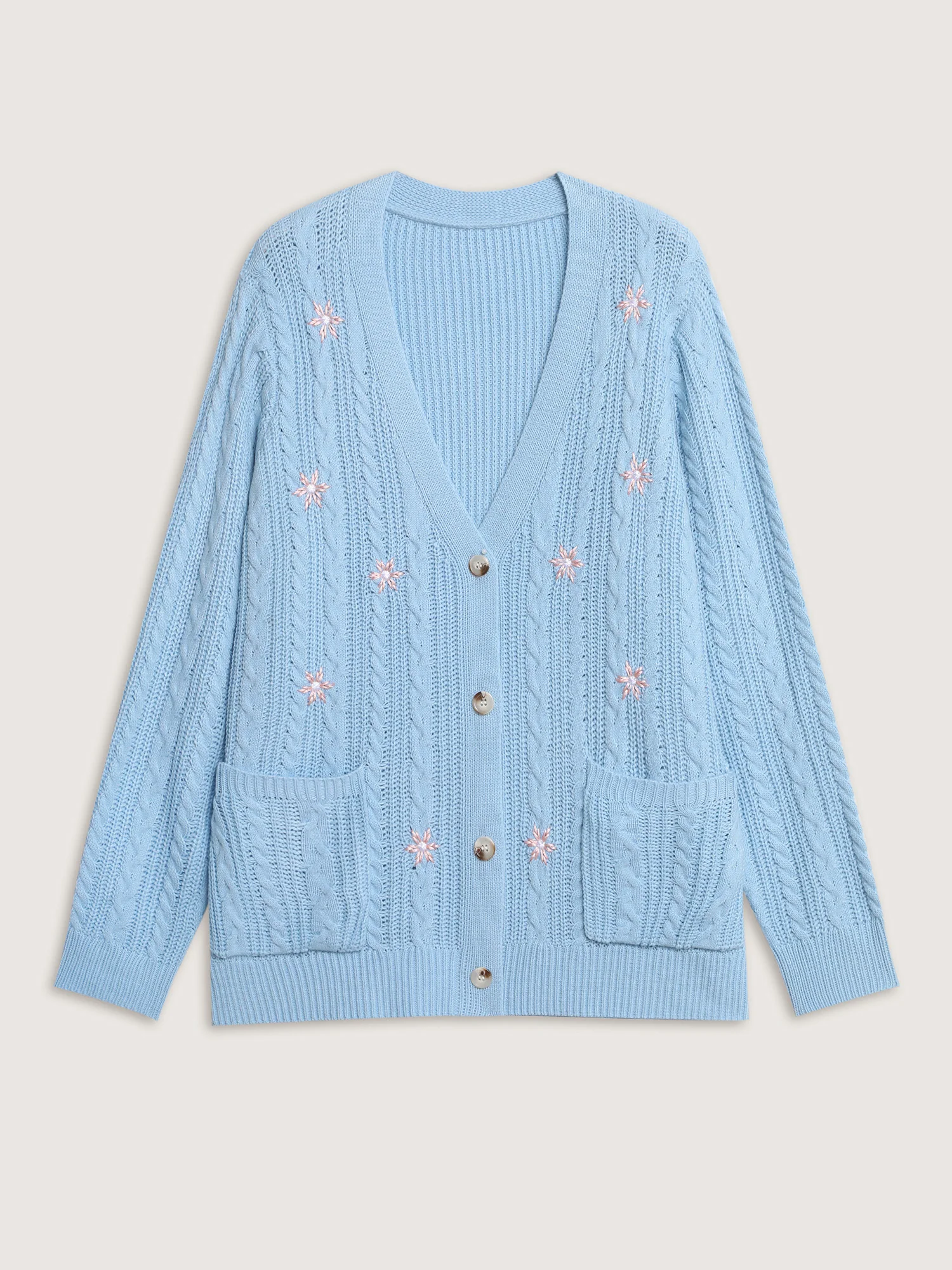 Braided Texture Floral Embroidery Knit Cardigan - Image 8