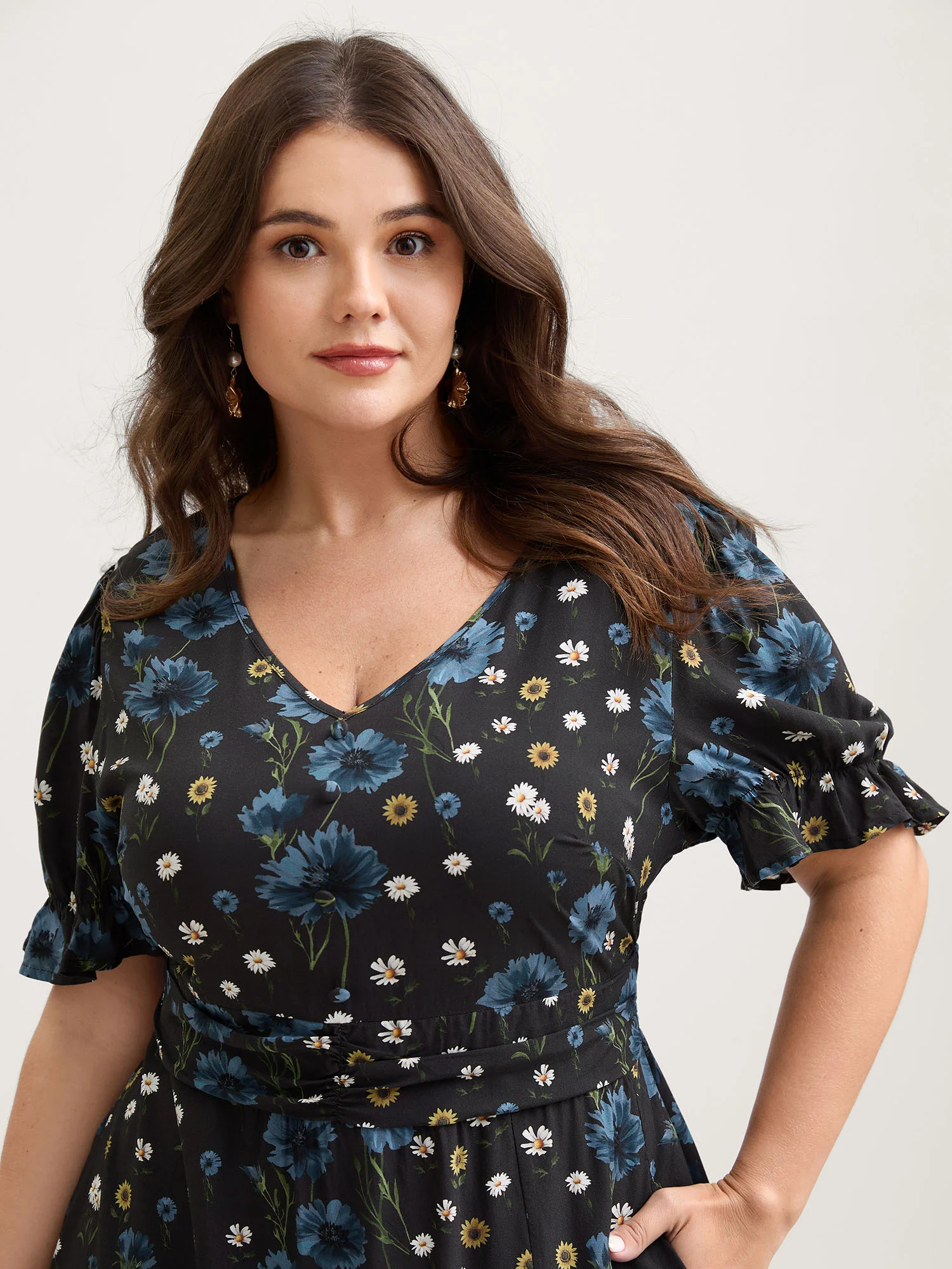 Branch Flower Print Split Pockets Midi Dress - Image 2
