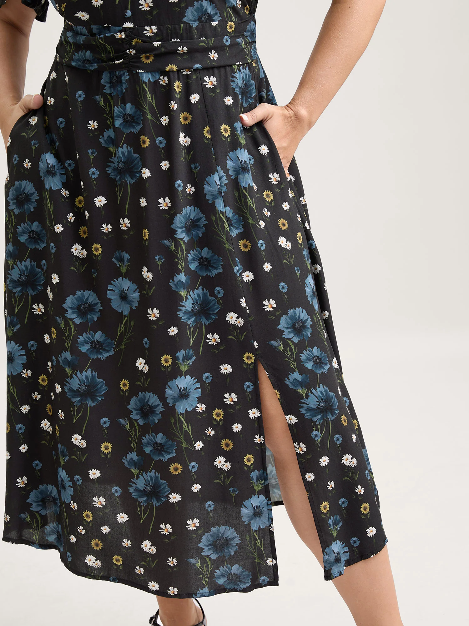 Branch Flower Print Split Pockets Midi Dress - Image 3