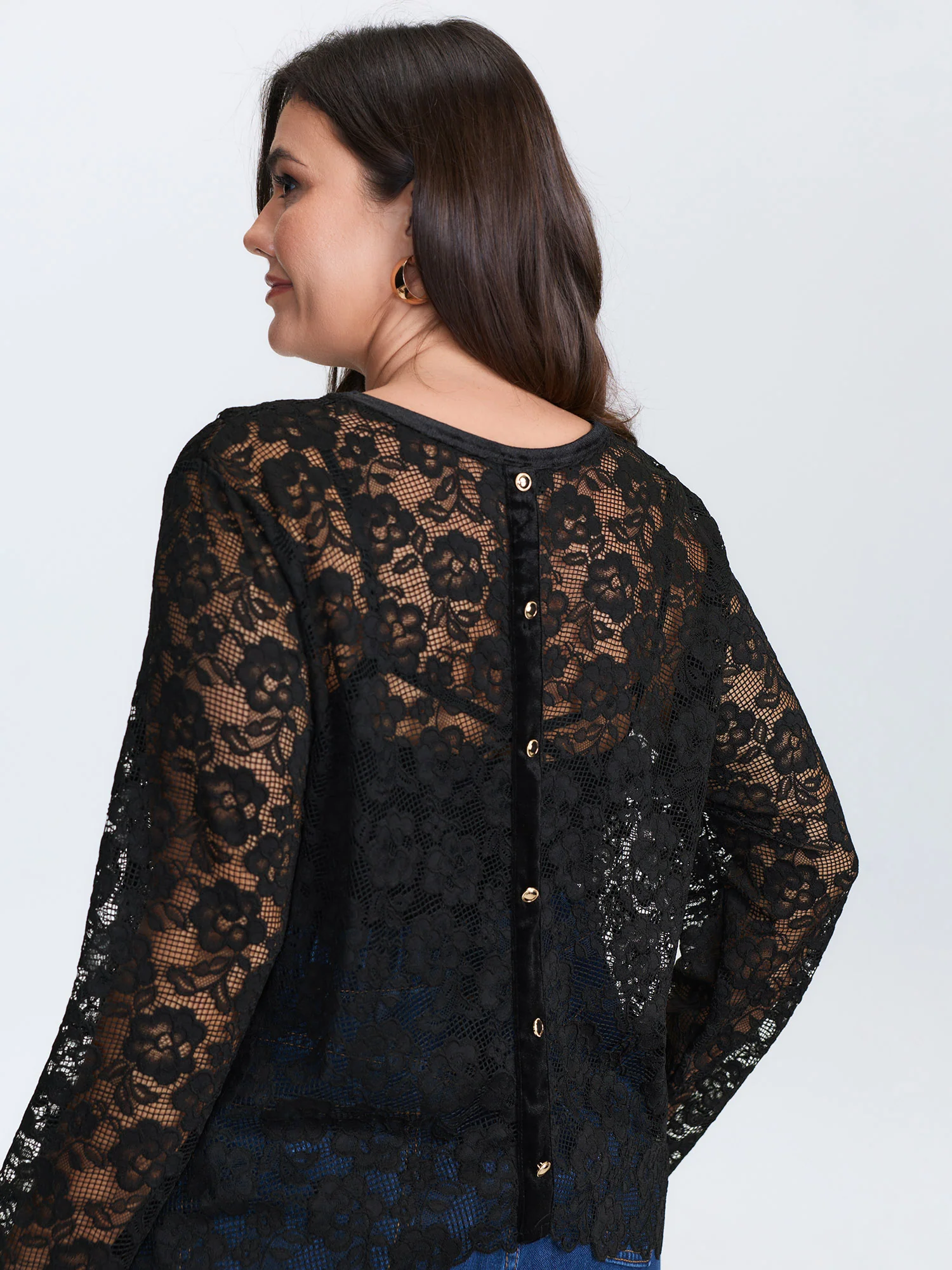 Breathable Lace Button Back Sheer Blouse