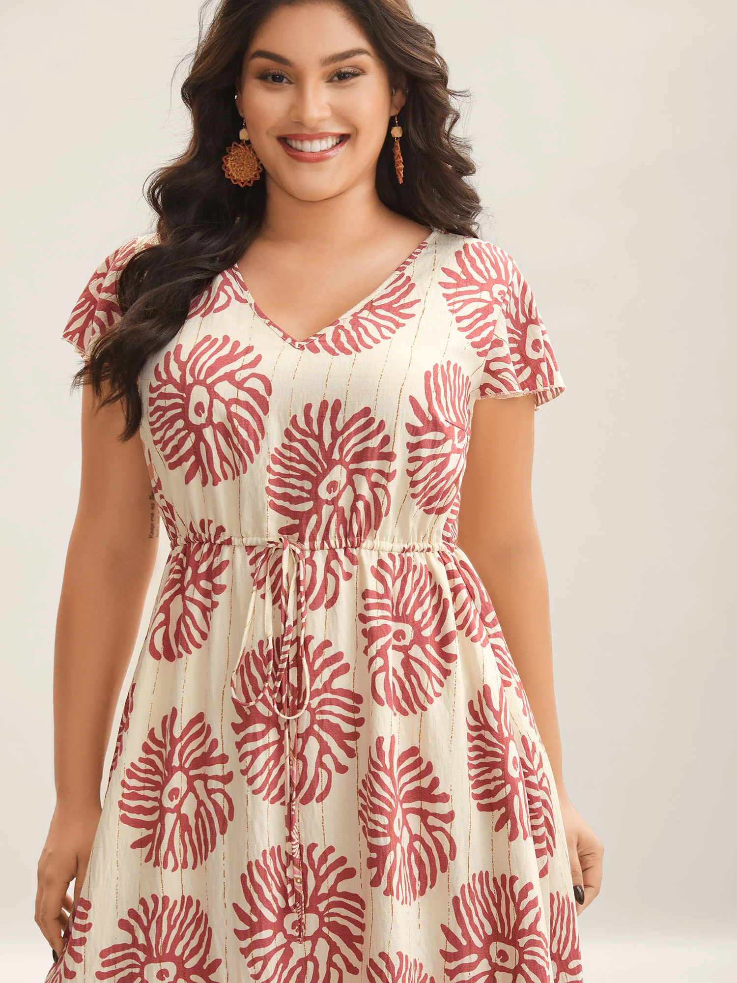 Breezy Boho Print Drawstring Waist Midi Dress - Image 2