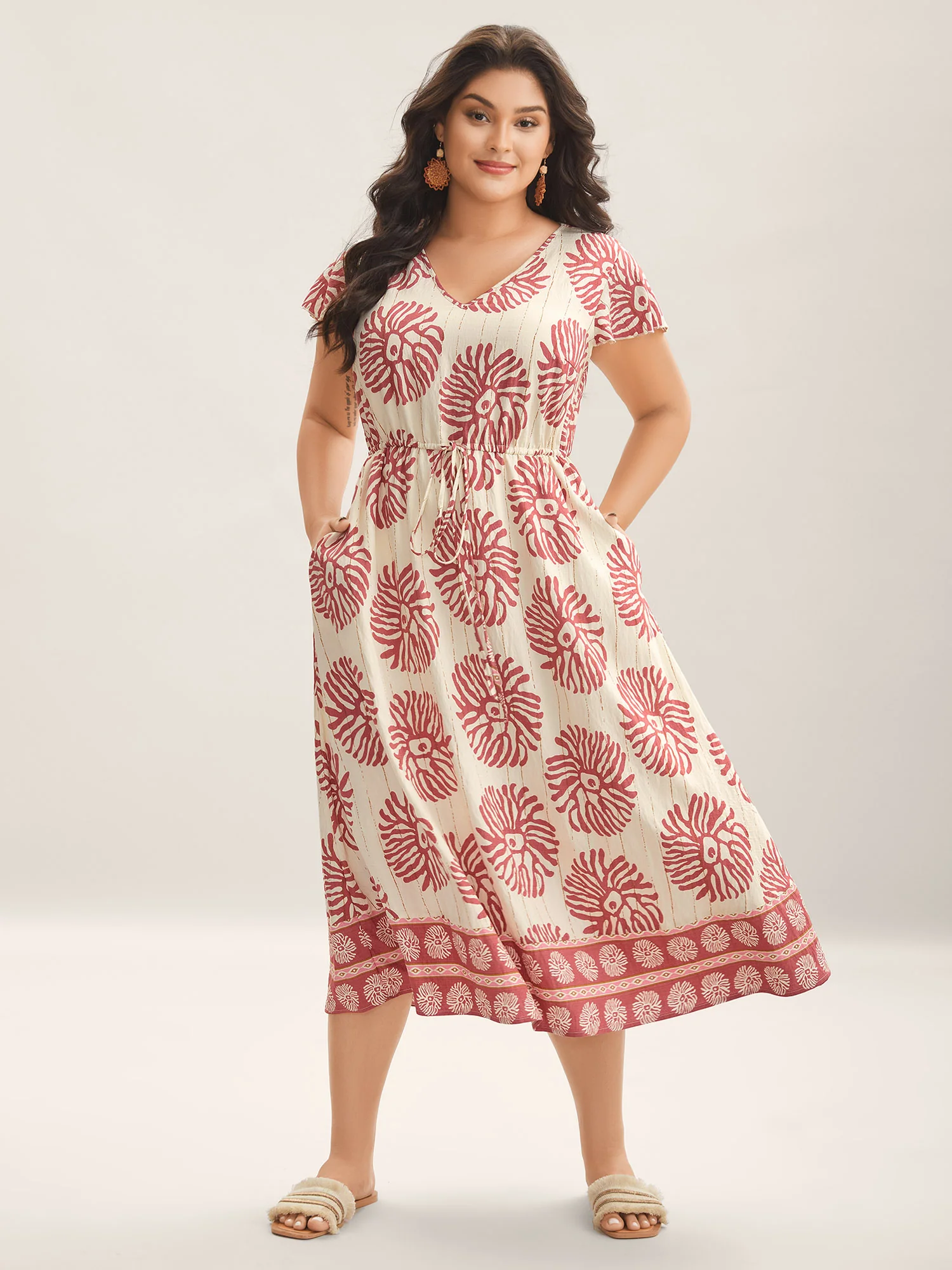 Breezy Boho Print Drawstring Waist Midi Dress - Image 3