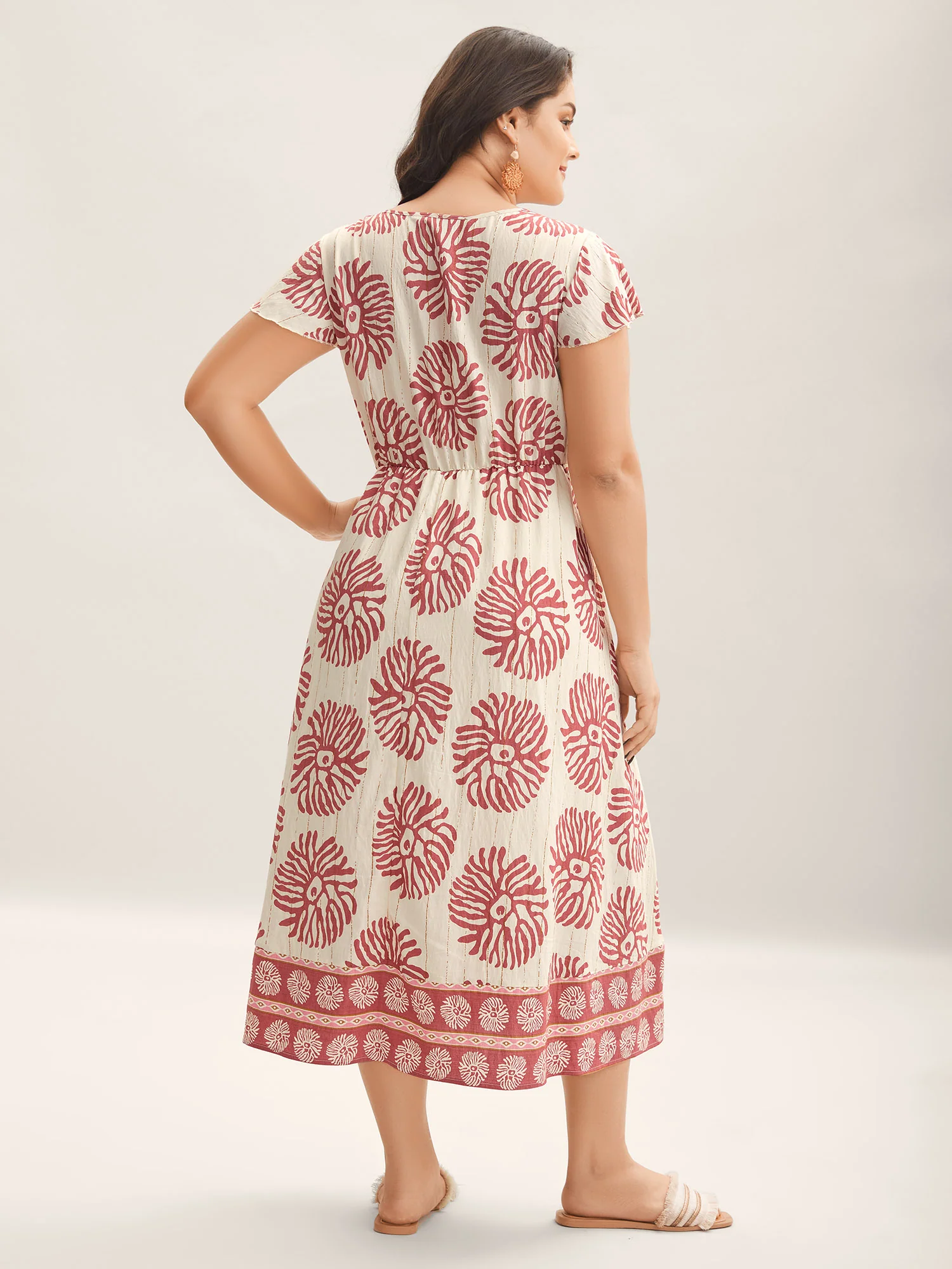 Breezy Boho Print Drawstring Waist Midi Dress - Image 4