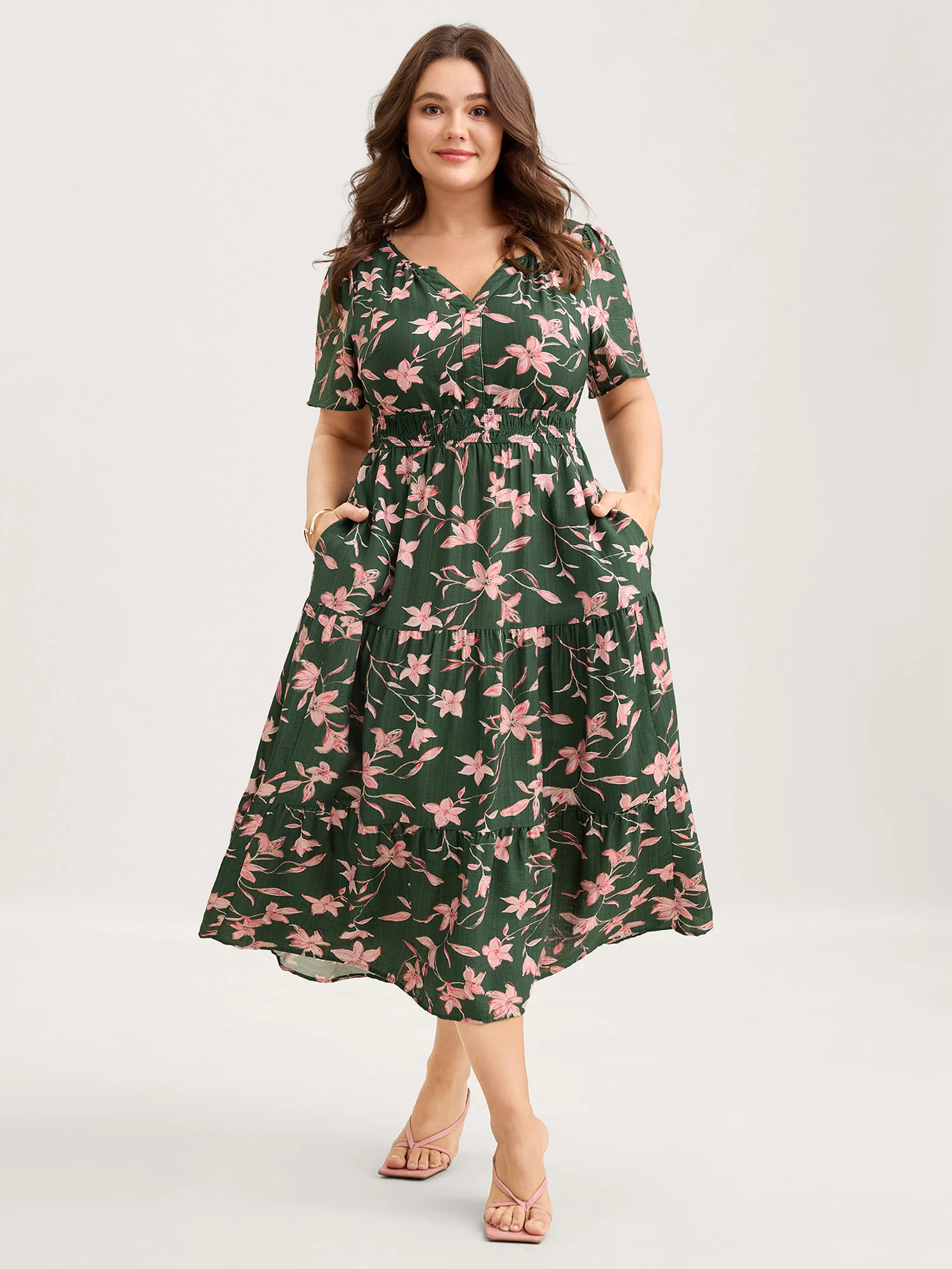 Breezy Floral Shirred Waist Midi Dress - Image 3