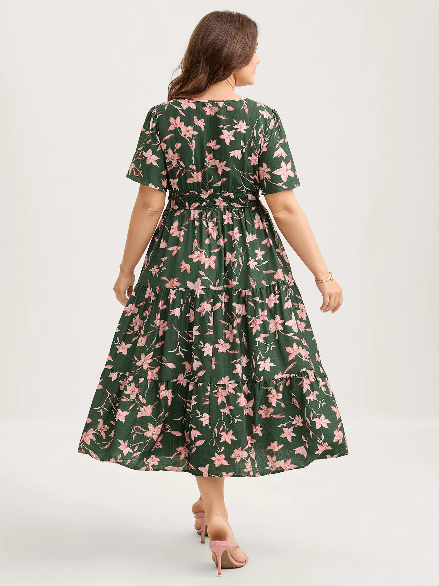 Breezy Floral Shirred Waist Midi Dress - Image 4