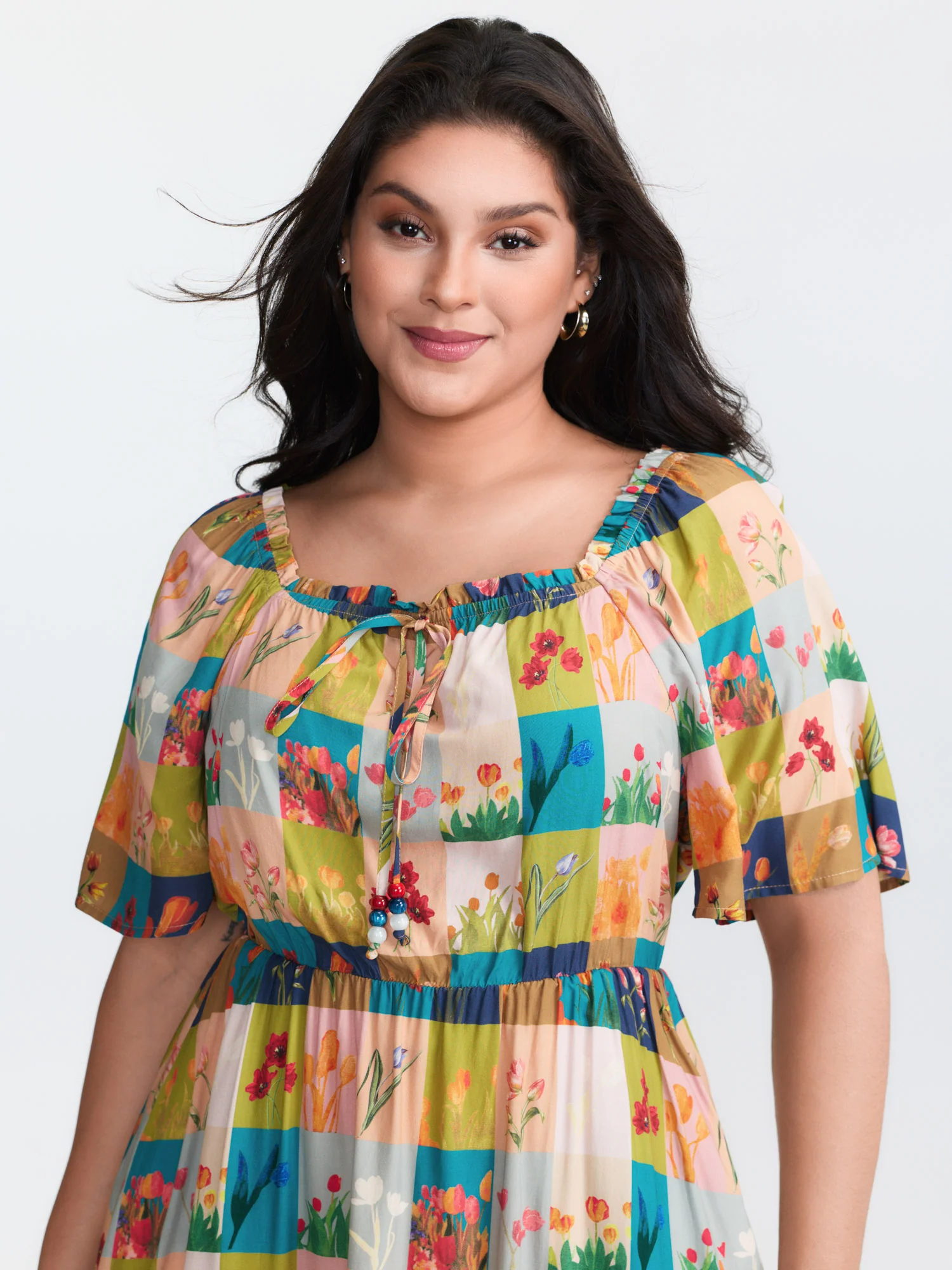 Breezy Garden Collage Stretchy Neckline Midi Dress - Image 2